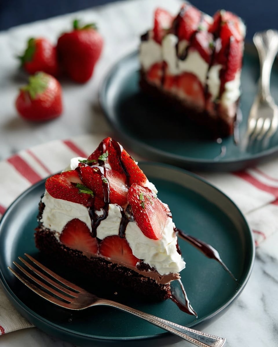 A round dessert with three main layers: a dark chocolate crust at the bottom, a thick layer of white cream in the middle, and fresh, bright red strawberries with green leaves on top. The strawberries are cut into pieces and spread evenly across the cream. Over the strawberries, dark chocolate is drizzled in a criss-cross pattern. The dessert is on a white plate, placed on a white marbled surface. Nearby, there is a white cloth with red stripes, a small white bowl filled with chocolate sauce, and three whole strawberries. Photo taken with an iphone --ar 4:5 --v 7