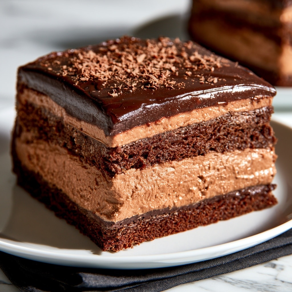 The image shows a slice of double chocolate eclair cake with four visible layers, placed on a white plate. The bottom layer is a dark brown cake base, topped by a thick light brown chocolate cream layer, followed by another dark brown cake layer, and then a slightly thinner light brown cream layer. The top is covered with a dark chocolate glaze and sprinkled with small chocolate shavings. The texture looks smooth and rich, with defined layers standing out clearly. The plate rests on a folded dark cloth, set on a white marbled surface in soft lighting, with another piece of the cake blurred in the background. Photo taken with an iphone --ar 4:5 --v 7
