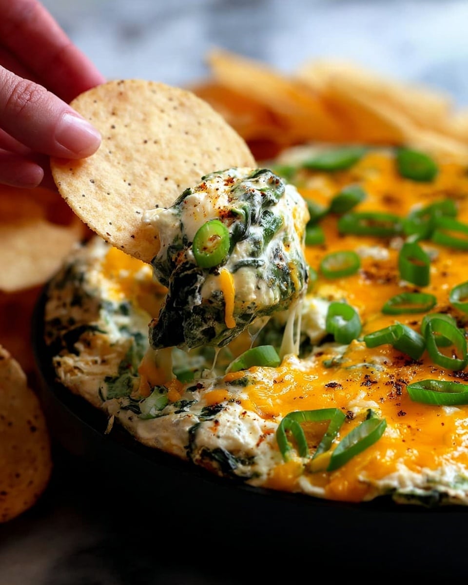 A close-up view of a creamy spinach dip in a black cast iron skillet, topped with melted bright orange cheddar cheese and scattered sliced green onions. The dip has a thick, mixed texture with visible spinach leaves and cheese, creating a speckled green and white base beneath the cheese. Around the skillet, there are fresh whole green onions placed on a white marbled surface, alongside a few round pale crackers on the right side. The skillet sits on a dark wooden board, and the overall setting is bright and clean. Photo taken with an iphone --ar 4:5 --v 7