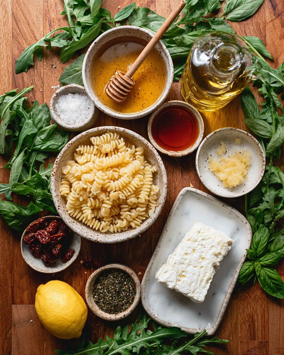 A top-down view of various cooking ingredients arranged on a wooden surface surrounded by green basil and arugula leaves scattered around. In the center is a small speckled bowl filled with short, pale yellow rotini pasta. Above it, a round speckled bowl contains golden honey with a wooden honey dipper resting inside. To the right of the honey is a clear glass bottle filled with light golden olive oil. Below the olive oil, a speckled bowl holds a reddish liquid. Next to it, a tiny speckled bowl has a small dollop of light yellow minced garlic. Near the bottom right side, a scalloped white bowl holds white salt and black pepper mixed together. Below the pasta bowl, there is a small white rectangular plate containing a log of white goat cheese. At the bottom left, a speckled bowl contains green and brown pistachios, and above it, another speckled bowl is filled with dark red sun-dried tomatoes. Near the top left, a small speckled bowl has creamy mustard. In the lower right corner, a whole bright yellow lemon sits on the surface beside green basil leaves. The background is a white marbled texture. Photo taken with an iphone --ar 4:5 --v 7