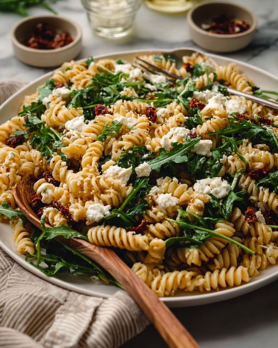 A close-up view of a white plate filled with spiral pasta of light yellow color, mixed with thin green spinach leaves, small pieces of white cheese, and bits of dark red sun-dried tomatoes. The pasta has a creamy light sauce coating each piece, with a slight shine. Two gold-colored spoons are partially scooping some pasta on the right side of the plate. The plate rests on a white marbled surface with scattered green leaves around. Photo taken with an iphone --ar 4:5 --v 7