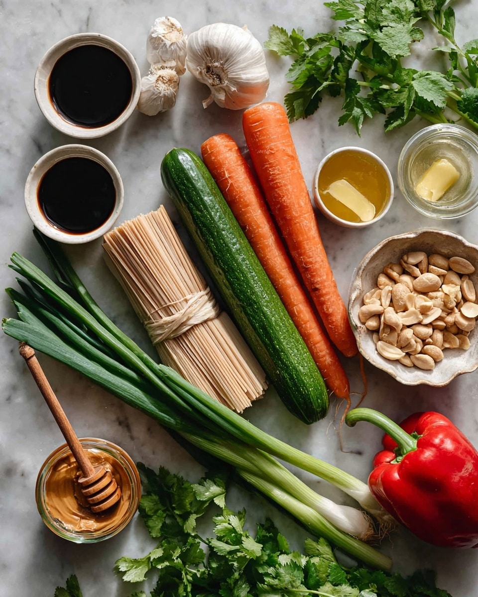 The image shows a collection of fresh ingredients placed on a white marbled surface. In the center, two bright orange carrots lie next to a straight, dark green cucumber. Below them is a bundle of pale brown noodles tied with a beige band, surrounded by green onions with long dark green leaves and white bases. To the left, there are small white bowls with dark soy sauce, a reddish-brown sauce, a garlic clove, and a yellowish paste. To the right, a small white bowl holds a honey dipper with honey, next to another bowl with creamy peanut butter and a scalloped white bowl filled with light brown roasted peanuts. A shiny bright red bell pepper sits near the bottom, and fresh green cilantro sprigs are scattered around. Photo taken with an iphone --ar 4:5 --v 7