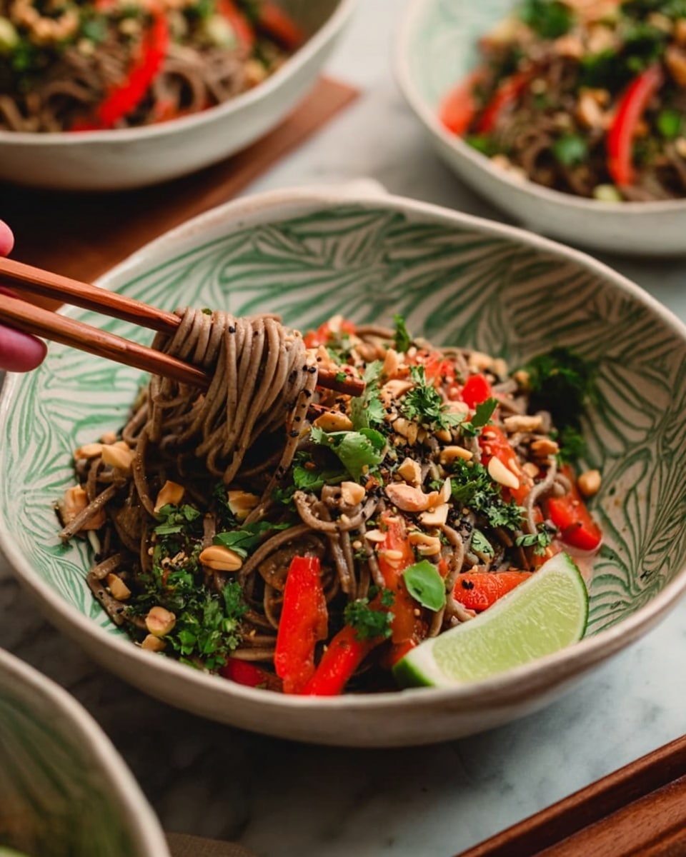A large light green oval plate sits on a round woven mat on a white marbled surface. The plate holds a colorful noodle salad made of three main layers: first, a base of light brown noodles tangled together; second, thinly sliced cucumber rounds and strips of red bell pepper scattered evenly across the noodles; third, a generous topping of chopped green onions, fresh green herbs, and chopped peanuts spread over the salad. Lime wedges rest on the plate and around it. To the top left, a small black bowl contains a light brown sauce with a spoon in it. To the top right, a wooden bowl is filled with chopped peanuts. Fresh green onions and cilantro sprigs are arranged around the plate. photo taken with an iphone --ar 4:5 --v 7