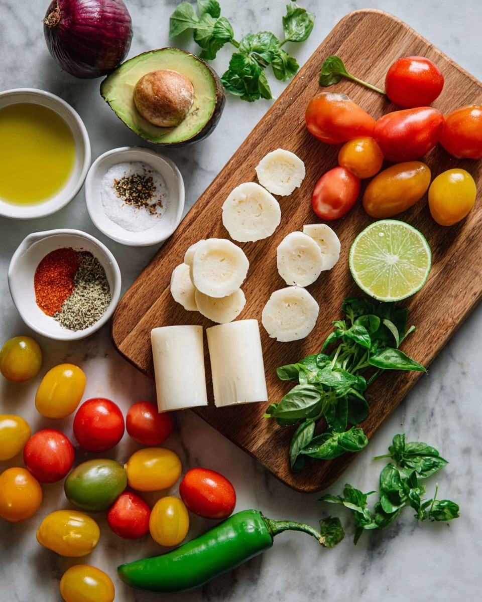 A wooden cutting board sits on a white marbled surface, holding two whole pale white cylindrical hearts of palm, several sliced rounds showing their light cream inside, and a halved lime with bright green flesh. Surrounding the board are colorful cherry tomatoes in red, yellow, and green hues, some whole and some halved, arranged at the bottom and left edges of the board. Half an avocado with a seed is placed to the left on the surface next to a dark red onion. A small white bowl with golden olive oil sits near the top left corner, while a white bowl containing salt, black pepper, and red chili powder is at the bottom center. Fresh green herbs including basil and cilantro sprinkle the scene, and a whole green jalapeno lies to the lower right beside more colorful cherry tomatoes. The scene is bright, fresh, and vibrant with natural textures, photo taken with an iphone --ar 4:5 --v 7