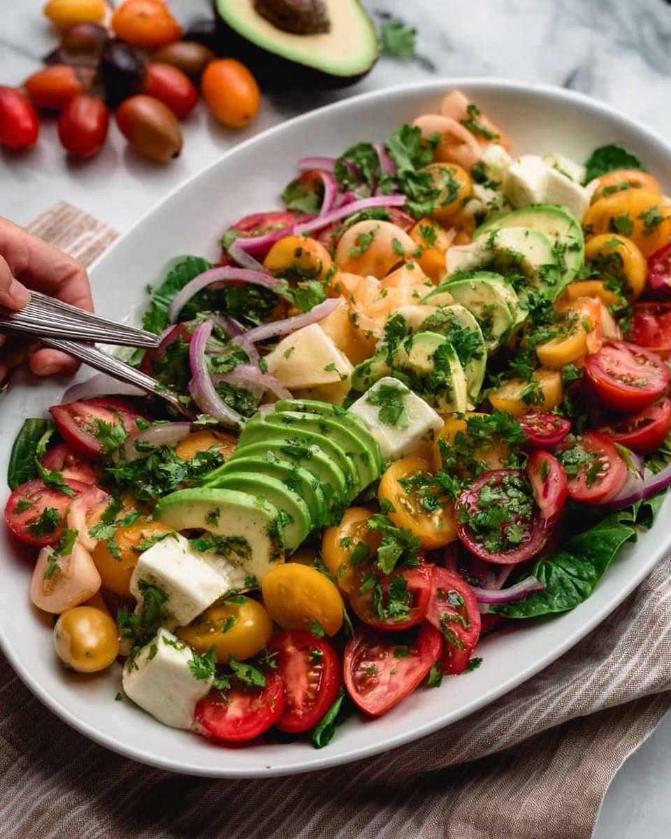 A large white bowl filled with a colorful salad that has many layers of ingredients: halved red, yellow, and orange cherry tomatoes; sliced green bell peppers; thin slices of red onion; chunks of white scallops or similar seafood; and fresh green basil and cilantro leaves scattered on top. A silver spoon rests inside the bowl, lifting a mix of the salad. Around the bowl, there are small bowls of green herbs, scattered cherry tomatoes, and half a lime on a white marbled surface, creating a fresh and vibrant setting. photo taken with an iphone --ar 4:5 --v 7