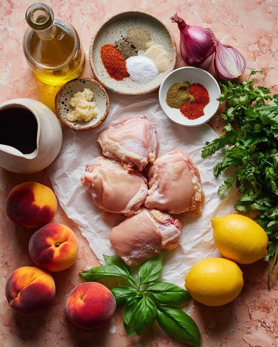 The image shows four pieces of raw chicken thighs arranged in the center on a white sheet of paper, placed on a white marbled surface. Around the chicken, there are three ripe peaches with red and yellow skin at the bottom left, a bright yellow lemon close to the bottom right, and fresh green basil leaves scattered near the bottom. To the upper right of the chicken are fresh green parsley sprigs and a whole purple shallot. A small white bowl near the top holds four spices in quarters: red paprika, white salt, black pepper, and light brown garlic powder. Next to it is a small round speckled white plate with minced garlic and salt. Beside these, there is a medium white ceramic pitcher with a dark brown liquid and a glass bottle of golden oil to the left. The background features a soft pinkish texture behind everything. Photo taken with an iphone --ar 4:5 --v 7