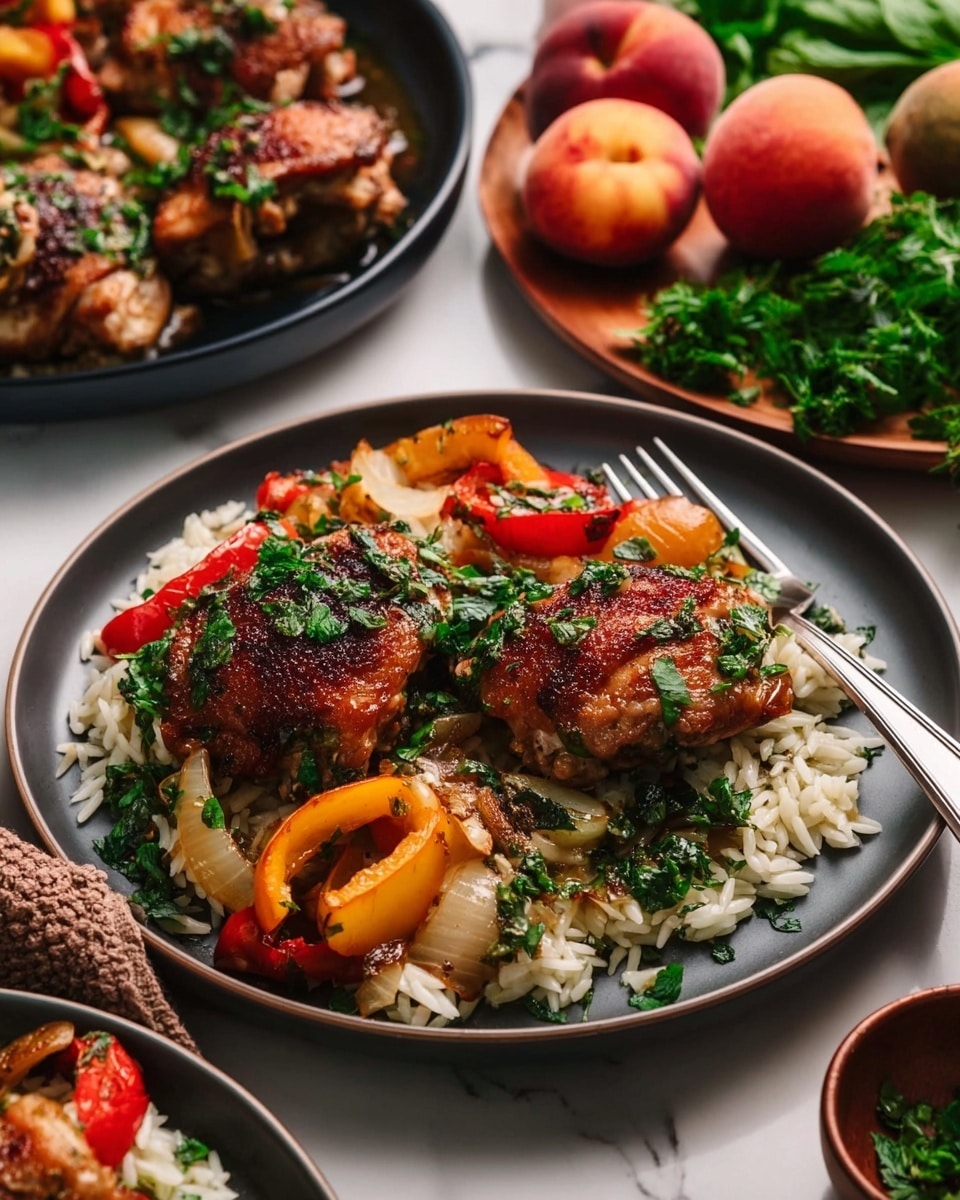 A black cast iron pan holds seven golden brown cooked chicken pieces arranged evenly around the pan, each topped with finely chopped green herbs. Between the chicken pieces are bright orange and red sliced peach wedges, adding vibrant color contrast. Thin, translucent onion rings rest on the pan's bottom along with a light golden sauce that surrounds the ingredients. A silver spoon rests near the top left of the pan, sitting on some chicken and peach slices with sauce on it. Fresh green basil leaves peek out from underneath some chicken pieces, enhancing the freshness of the dish. The pan sits on a white marbled surface, with hints of green leafy herbs and a peach nearby. Photo taken with an iphone --ar 4:5 --v 7