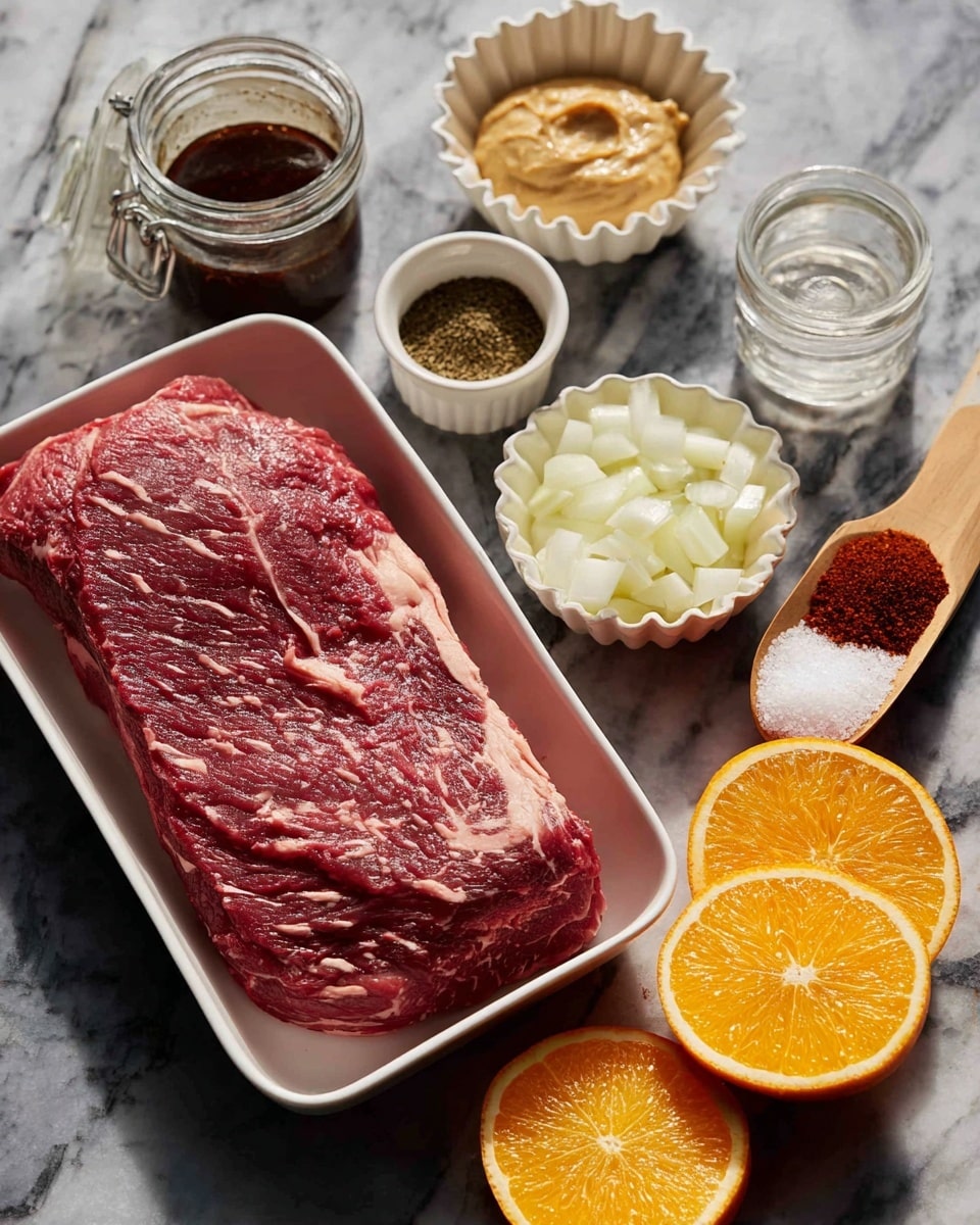 A white rectangular tray holds a large piece of raw red beef with light marbling, placed on a white marbled surface. Around the tray, there are seven small containers: a small bowl with a thick dark brown sauce, a white fluted bowl filled with a light tan paste, a glass container with a clear liquid and a glass lid, a small wooden scoop holding two powders - one dark reddish-brown and one greenish-brown, a small bowl with white onion chunks, a small bowl with coarse white salt, and half of a bright orange cut in rounds, showing the juicy segments inside. Photo taken with an iphone --ar 4:5 --v 7
