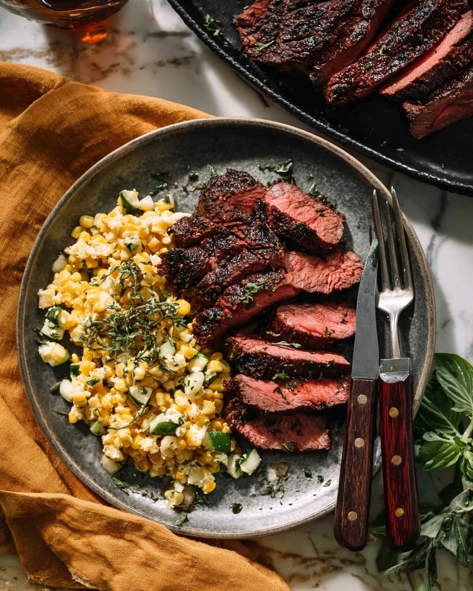 A large oval plate holds a sliced grilled steak with a dark charred crust and a pink inside, arranged in two layers, the top layer with thicker slices and the bottom with thinner slices, sprinkled with coarse sea salt and small green herbs. A black-handled fork rests on the left side of the steak on the plate. The plate sits on a mustard yellow cloth on a white marbled surface. In the background, a white bowl filled with a yellow and white corn dish with green herbs is partially visible. Small bowls with coarse salt and black pepper sit behind the plate, all on the same white marbled surface. photo taken with an iphone --ar 4:5 --v 7
