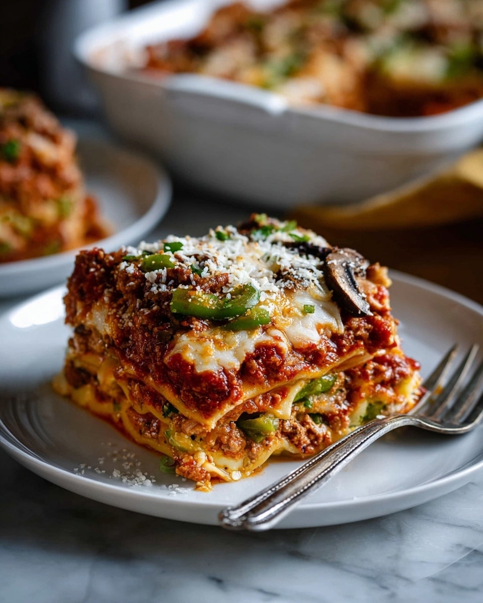 A thick slice of lasagna sits on a white plate, showing about five visible layers. The bottom layer is a soft pasta sheet with a light golden tone, topped by a layer of melted cheese mixed with small green vegetable pieces. Above this is a rich red tomato sauce with chunks of vegetables and meat, next is another pasta sheet, followed by more sauce and melted cheese on top. Thin slices of green bell peppers and dark mushrooms are scattered on the top layer, with a light sprinkle of grated cheese. A silver fork rests to the right of the plate on a white marbled surface, with a white baking dish filled with more lasagna blurred in the background. Photo taken with an iphone --ar 4:5 --v 7