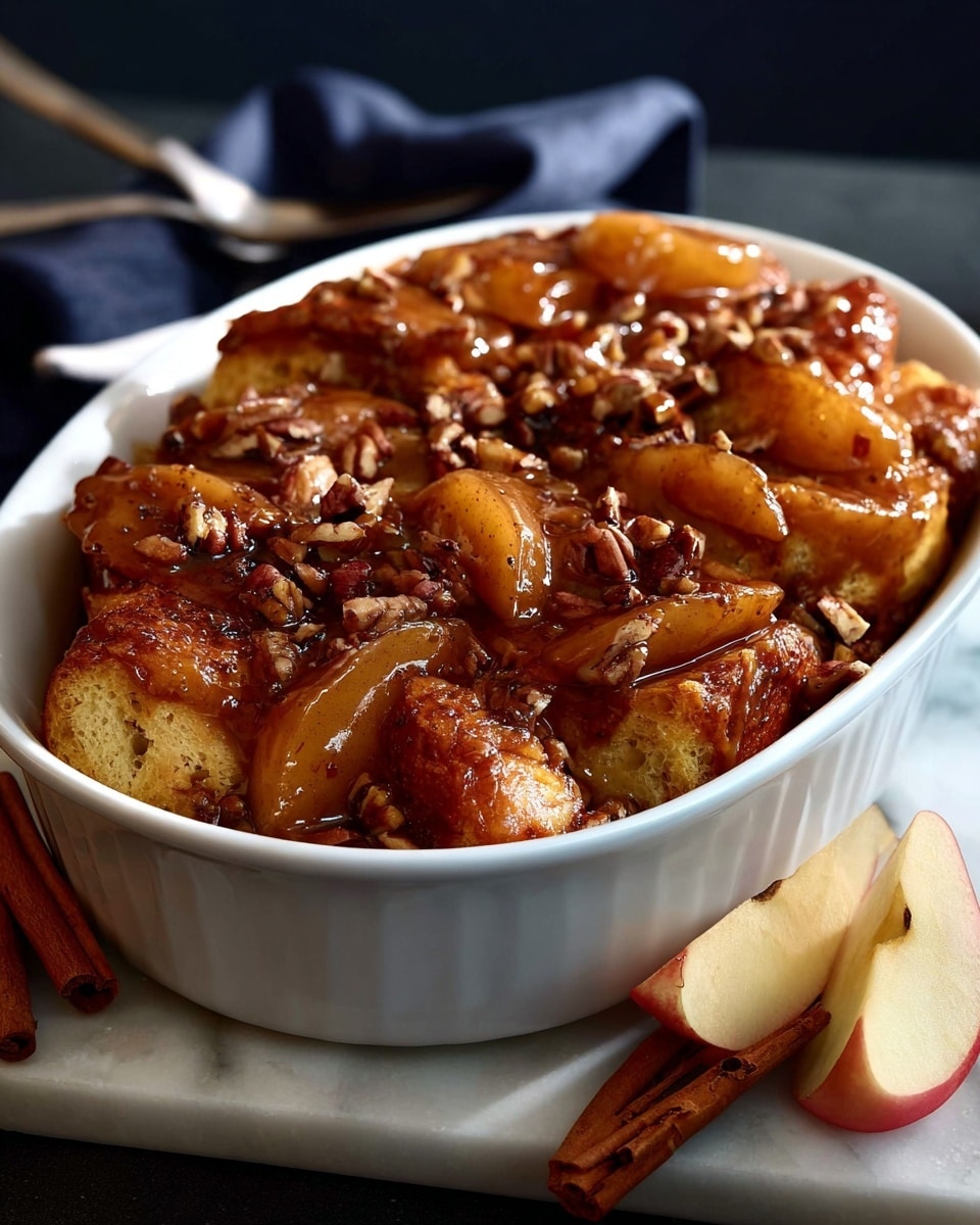 The image shows a white oval baking dish filled with warm-looking baked apple slices covered in a glossy brown sauce with pecan nuts scattered on top. The baked apples are soft and golden brown, arranged in overlapping layers with the sauce pooling between them. A wooden spoon rests inside the dish on the left side, slightly angled. In front of the baking dish, there is a smaller white round plate holding a serving of the same baked apple and pecan mix, with syrup dripping and pecans partly embedded in the sauce. Around the plate are two silver forks placed side by side, some pecans, two cinnamon sticks, and a halved green apple with seeds visible. The whole setting rests on a white marbled surface with part of a gray and white striped cloth showing in the top right corner. Photo taken with an iphone --ar 4:5 --v 7