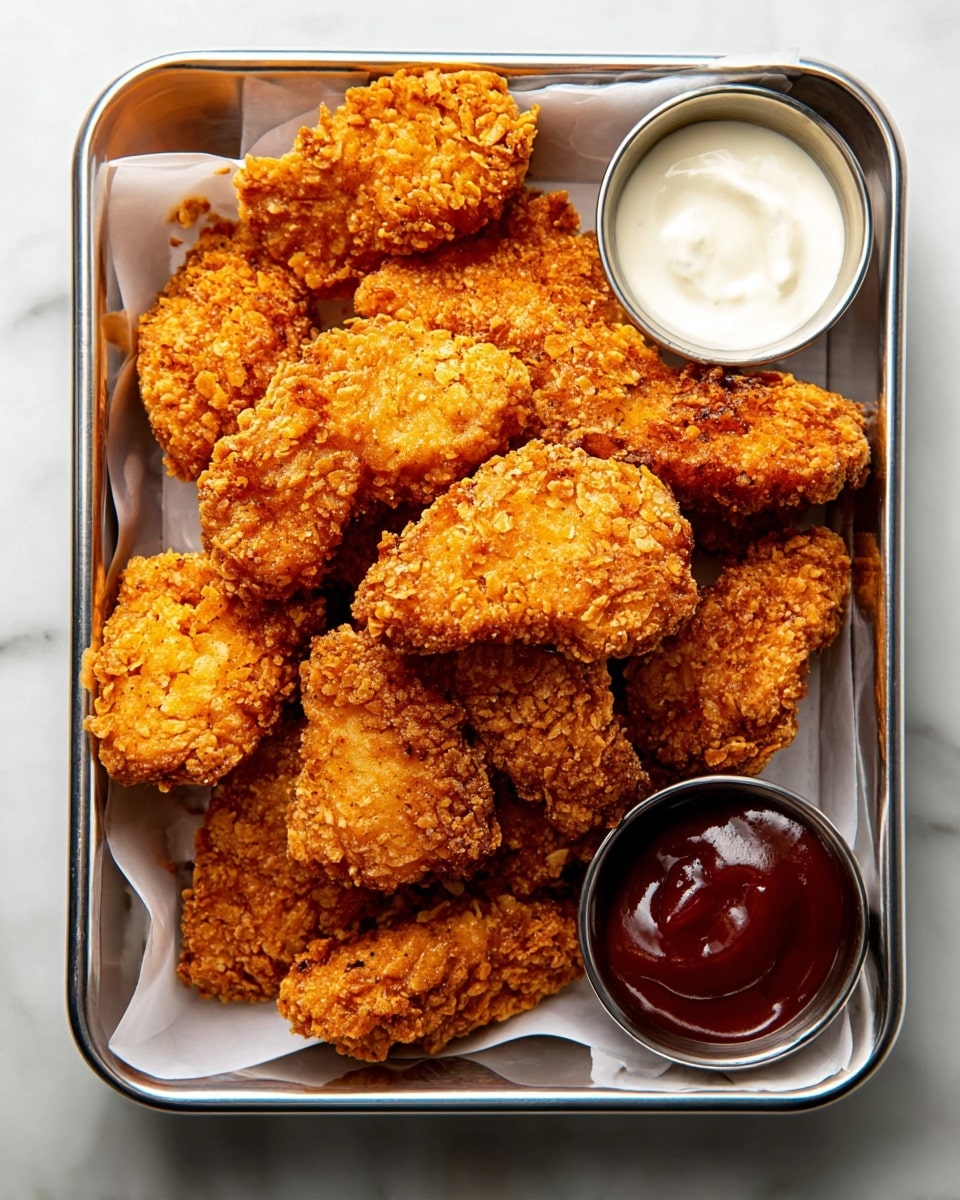 A tray filled with about fifteen golden brown crispy fried chicken nuggets with a rough, crunchy texture, piled in the center. The tray is lined with white paper, and at the top are two small round metal cups: the left one is filled with creamy white ranch sauce, and the right one holds a thick, shiny dark reddish-brown barbecue sauce. The tray has a light silver metal edge and sits on a white marbled surface. photo taken with an iphone --ar 4:5 --v 7