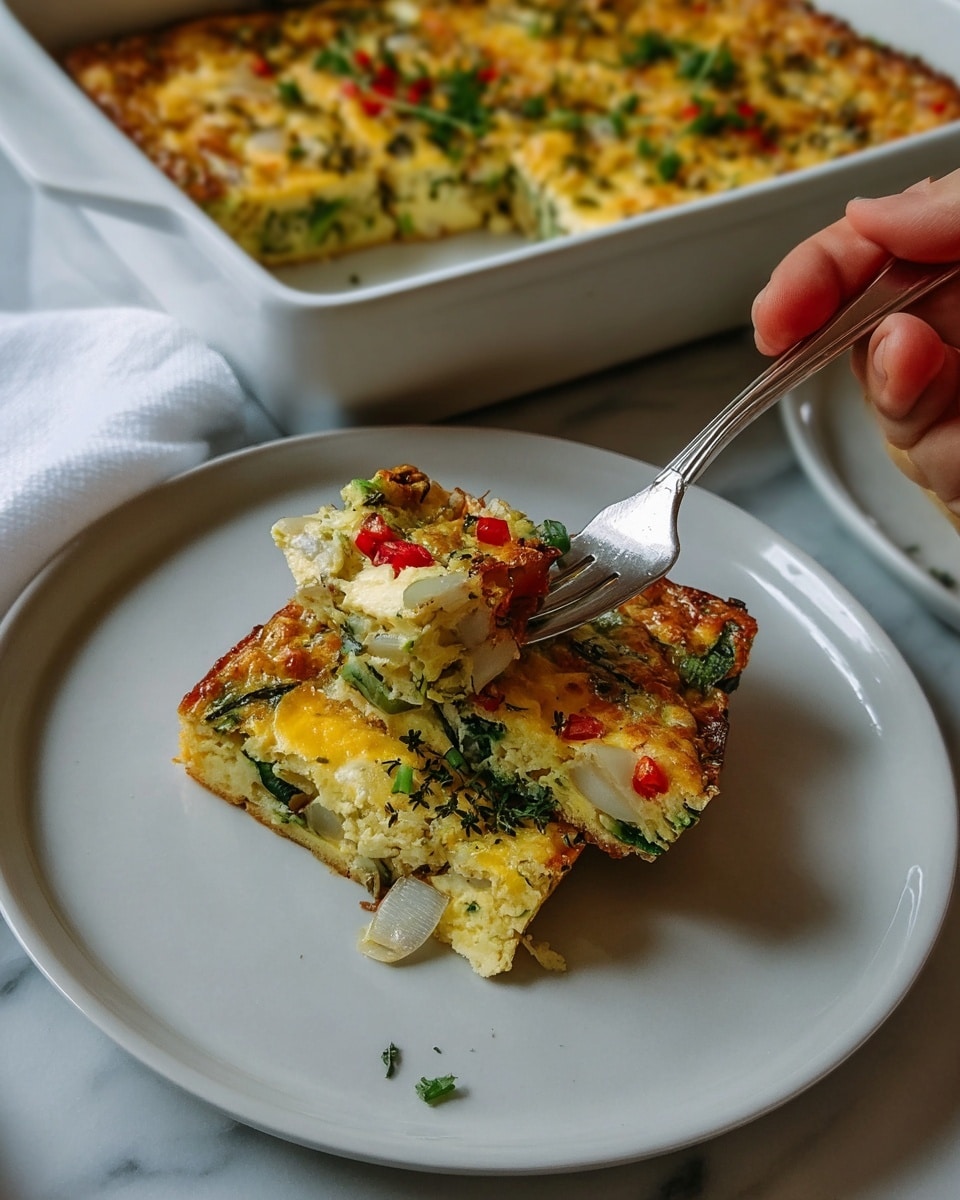A rectangular white baking dish holds a vegetable egg casserole cut into nine squares, with one square being lifted by a silver spatula. The casserole's top layer is golden brown with visible pieces of green vegetables, red bell pepper, and melted cheese giving it a textured, slightly crispy surface. The dish's edges show slight browning from baking. The baking dish sits on a white cloth over a white marbled surface, with wooden boards and a marble utensil holder in the background. Photo taken with an iphone --ar 4:5 --v 7