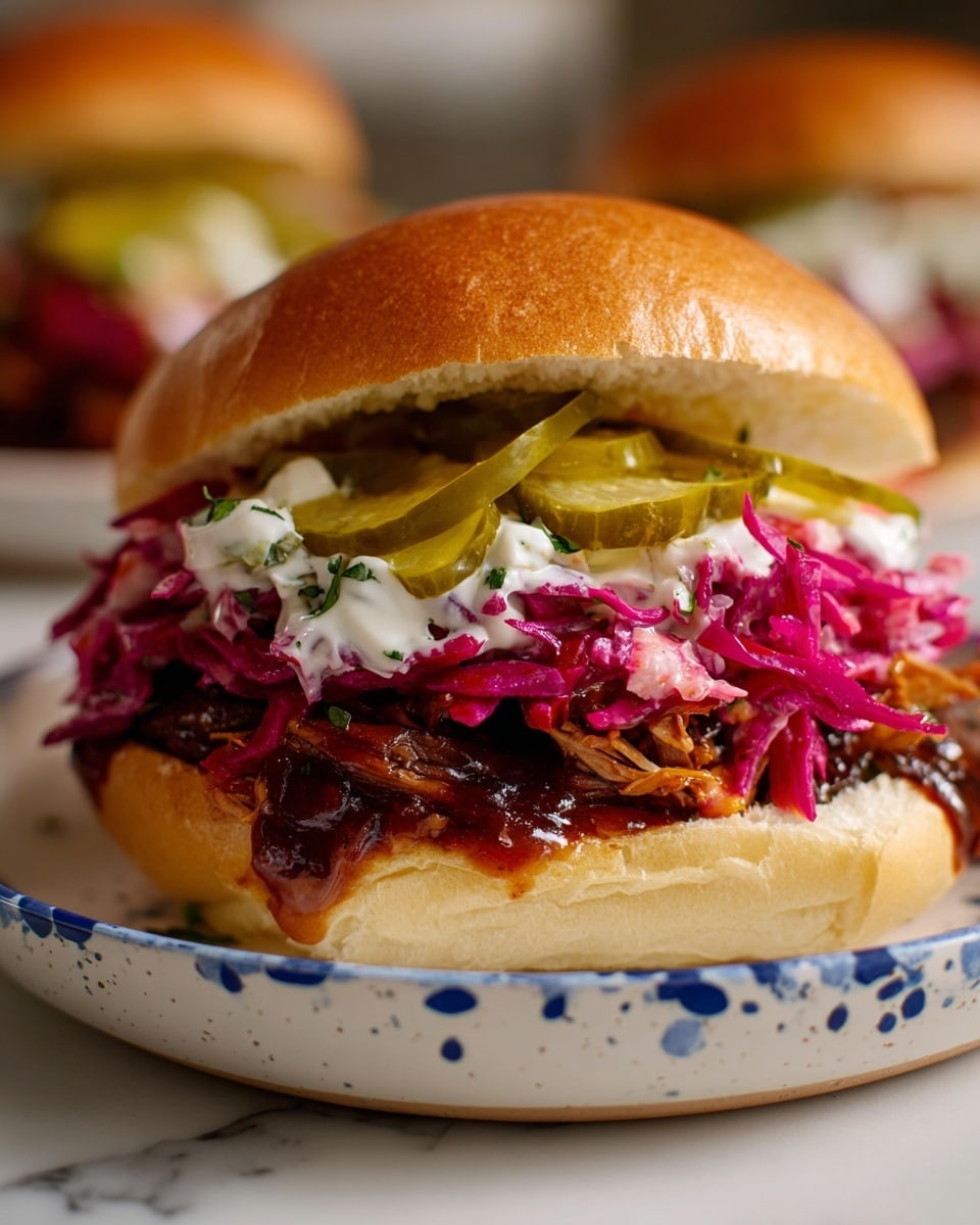 A close-up of a sandwich on a white plate with blue specks, placed on a white marbled surface. The sandwich has a soft, golden-brown bun with three main layers visible: the bottom layer is a glossy, dark brown glazed filling that looks tender and juicy, the middle layer is a bright pinkish-red shredded cabbage slaw adding a fresh, crunchy texture, and the top layer consists of light yellow-green pickle slices with a dollop of creamy white sauce spreading slightly over the pickles and slaw, all held together by the soft top bun. Photo taken with an iphone --ar 4:5 --v 7