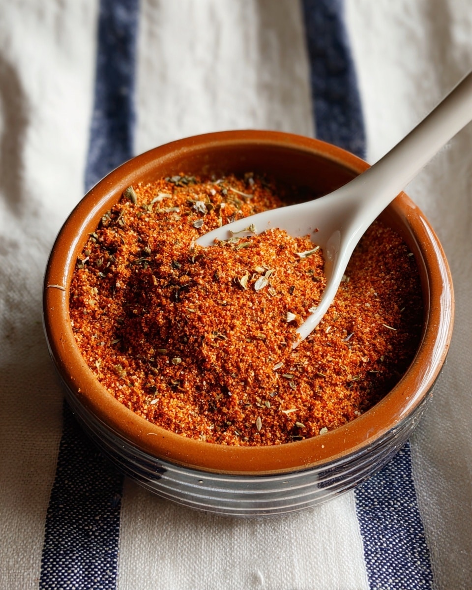 A woman's hand holds a round bowl with an orange rim and light beige inside, filled with layers of dry spices. The bottom layer is a mix of light brown sugar and beige powder, topped with a bright red powder on the left side. Above that is a layer sprinkled with green dried herbs and some coarse white salt in the center. A few chunks of tan-colored powder sit towards the top right. The bowl is held over a white marbled surface covered by a fabric with blue vertical stripes. Photo taken with an iphone --ar 4:5 --v 7