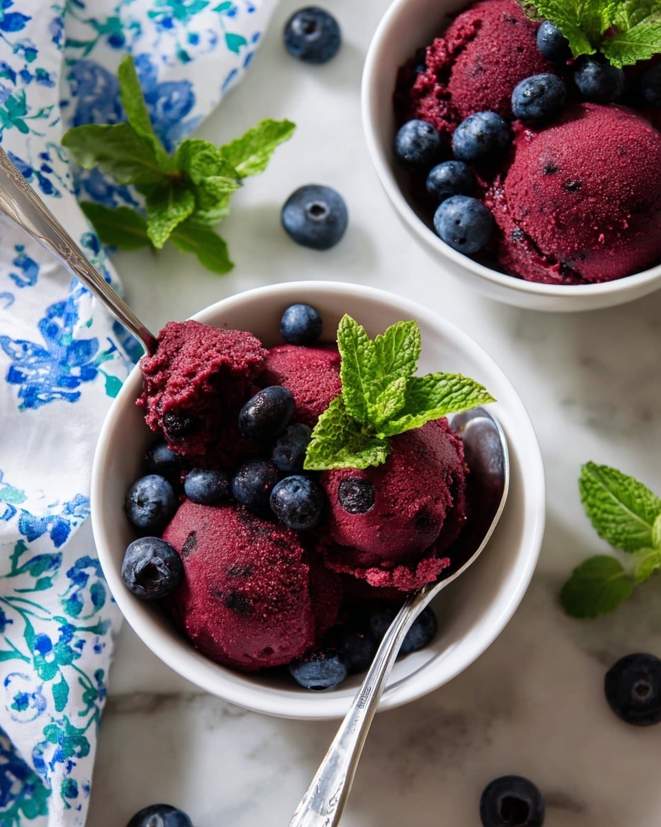 The image shows two scoops of dark purple blueberry sorbet placed in a white bowl. The sorbet has a smooth but slightly textured surface with visible blueberry bits. Surrounding the sorbet are fresh whole blueberries and a small green mint leaf on the top left side of the bowl. A silver spoon rests inside the bowl on the bottom right side, partially touching the sorbet. The bowl is placed on a white marbled textured surface with another similar bowl in the blurred background. photo taken with an iphone --ar 4:5 --v 7