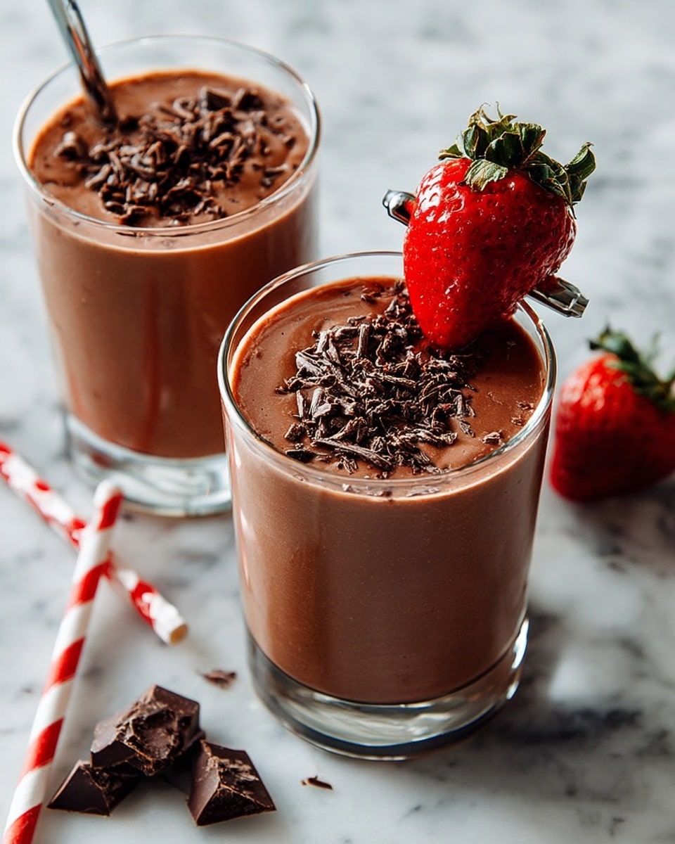 Two clear glass cups filled with a smooth, rich brown chocolate mousse topped with small chocolate shavings sit on a white marbled surface. Next to the cups, there is a half strawberry with a deep red color and shiny texture. Scattered around the strawberry are small and larger pieces of dark chocolate, adding a rough texture contrast. The scene is bright with natural light, and a white cloth with a black stripe edge is partially visible on the right side photo taken with an iphone --ar 4:5 --v 7