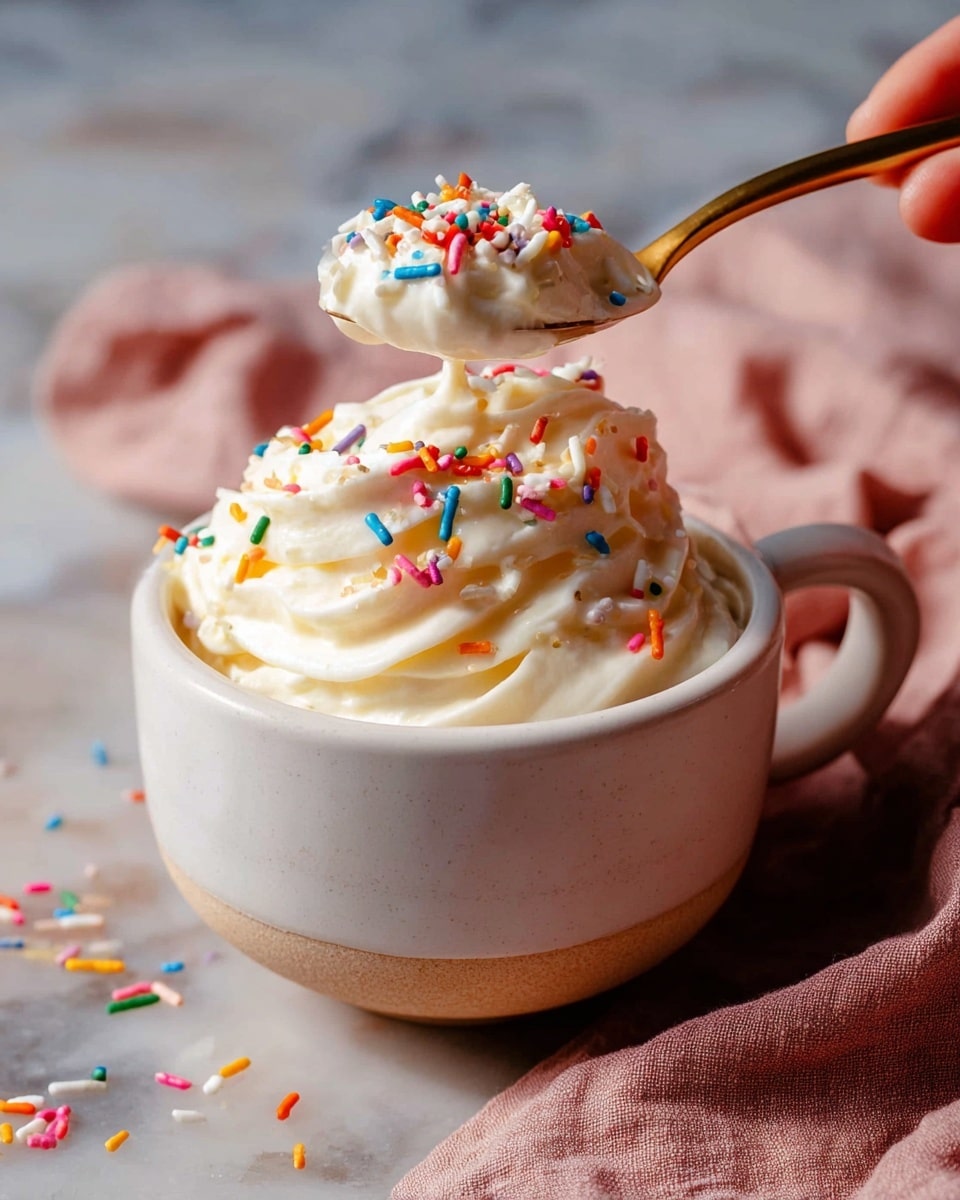 A white bowl with a brown base filled with a tall swirl of white whipped cream topped with small, colorful rainbow sprinkles in red, blue, pink, green, yellow, and orange. Some sprinkles are scattered around the bowl on a white marbled surface. There is a light pink cloth on the right side and two old silver spoons on the bottom left side near the bowl. The background is a soft blue-gray color. photo taken with an iphone --ar 4:5 --v 7