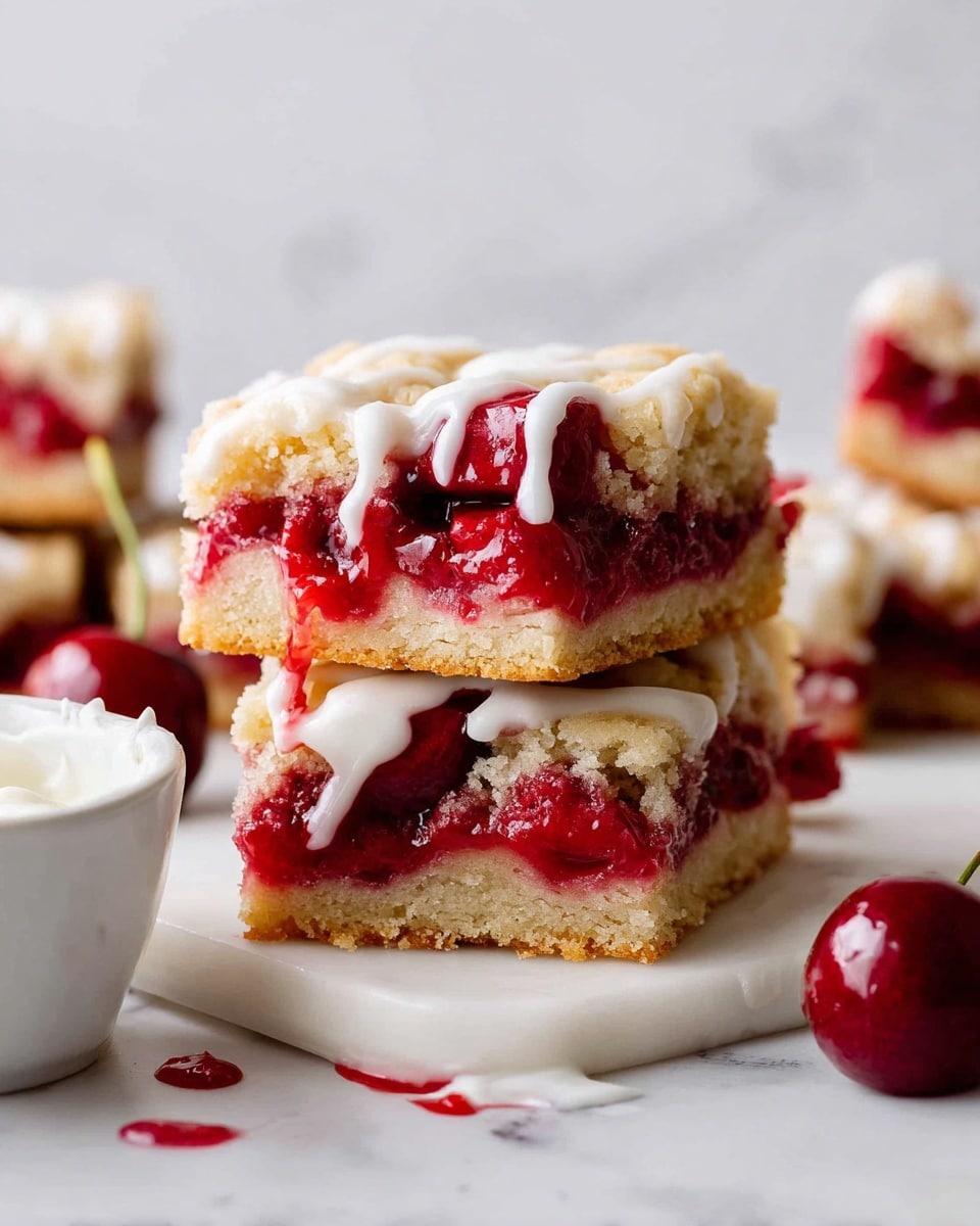 The image shows two square-shaped cherry dessert bars stacked on top of each other on a white marbled surface. Each bar has three layers: a thick, light golden crumbly base, a middle layer filled with glossy, bright red whole cherries and cherry sauce, and a top layer of the same crumbly dough with a drizzle of thick white icing that runs down the sides. Around the bars are more cherry bars and a small white bowl filled with smooth white icing, some of which has spilled onto the white marbled surface. The background is also a white marbled texture. photo taken with an iphone --ar 4:5 --v 7
