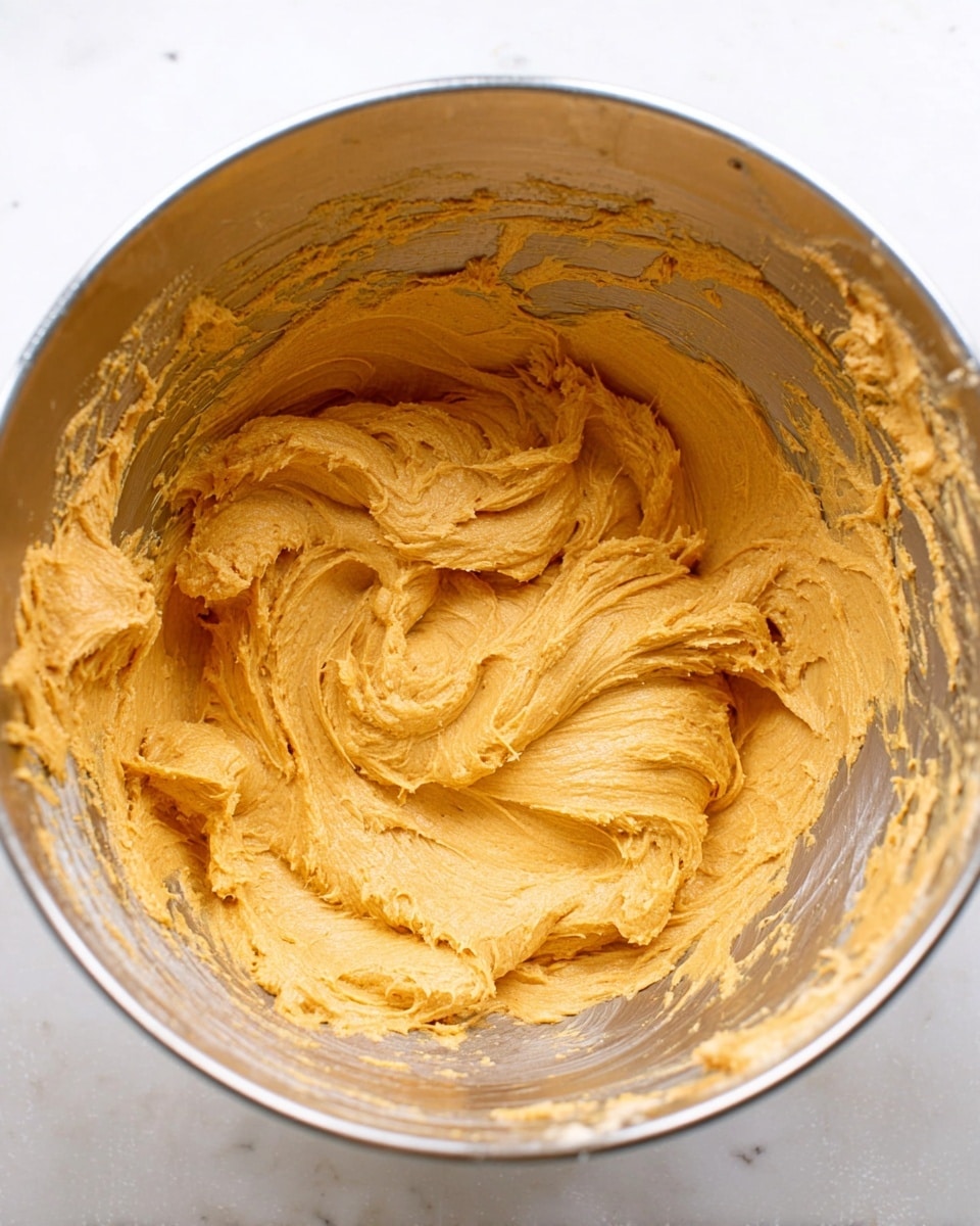 Inside a shiny metal mixing bowl, there is a thick, creamy mixture with a smooth, slightly fluffy texture. The mixture is a warm orange color, evenly spread with swirls and soft peaks showing it has been well mixed. The sides of the bowl are partially coated with the same mixture, hinting at recent stirring, all set on a white marbled surface. photo taken with an iphone --ar 4:5 --v 7