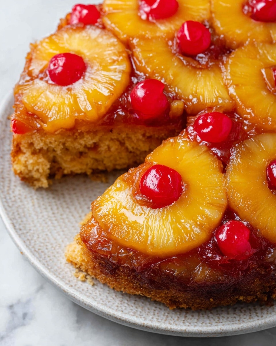 A close-up view of a pineapple upside-down cake showing a top layer of large, round, golden-yellow pineapple rings, each with a bright red cherry in the center and additional cherries scattered around. Below the pineapple layer is a thick, moist, light brown cake layer with a slightly crumbly texture visible where a slice has been taken out. The cake is served on a white plate with a subtle textured pattern, placed on a white marbled surface. Photo taken with an iphone --ar 4:5 --v 7