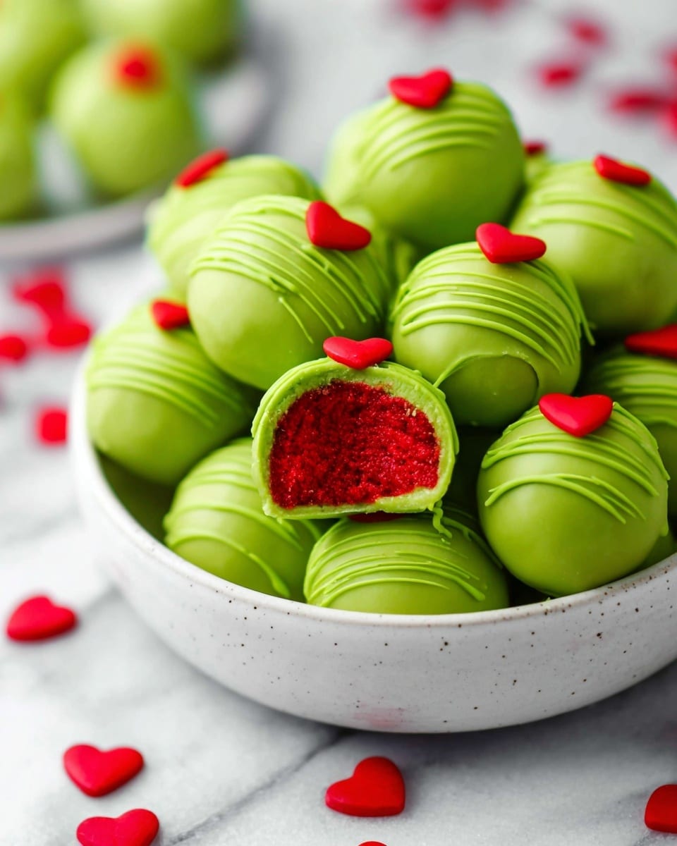 The image shows a white bowl filled with round green balls coated in a smooth, shiny layer. Each ball has a small bright red heart on top. One ball at the front is bitten, revealing a bright red, textured inside. Some green balls have thin green drizzle on top, adding extra texture. The bowl sits on a white marbled surface with scattered small red hearts around it, creating a lively and playful look. photo taken with an iphone --ar 4:5 --v 7