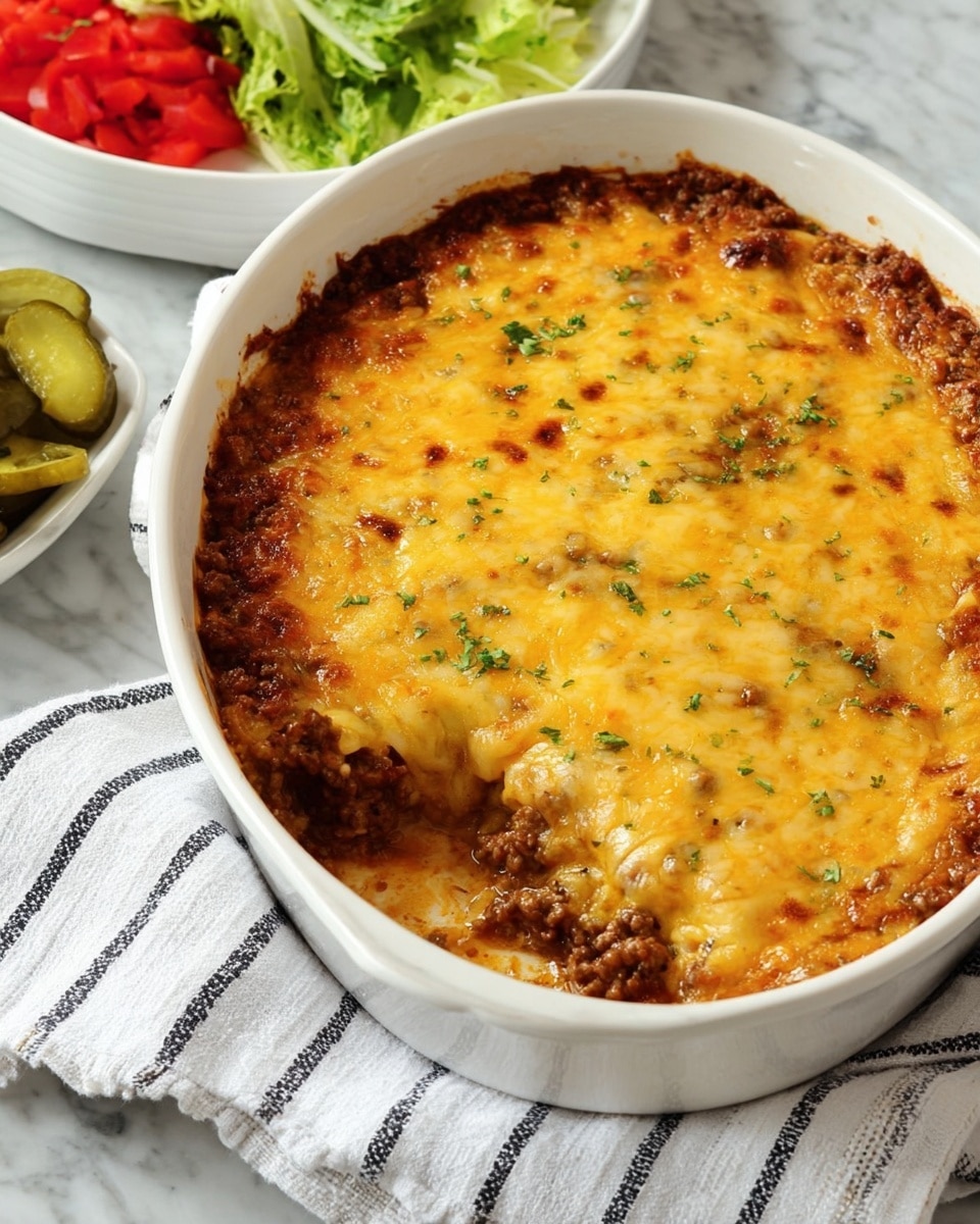 A white oval baking dish contains a baked casserole with one visible layer topped by a thick, golden-yellow melted cheese layer that is slightly browned around the edges and speckled with small bits of green herbs. Beneath the cheese, browned pieces of cooked ground meat peek through, adding a textured contrast. The dish sits on a white cloth with black stripes, placed on a white marbled textured surface. Nearby, a white bowl with green leafy lettuce and a white plate holding green pickles and red diced tomatoes are partly visible. Photo taken with an iphone --ar 4:5 --v 7