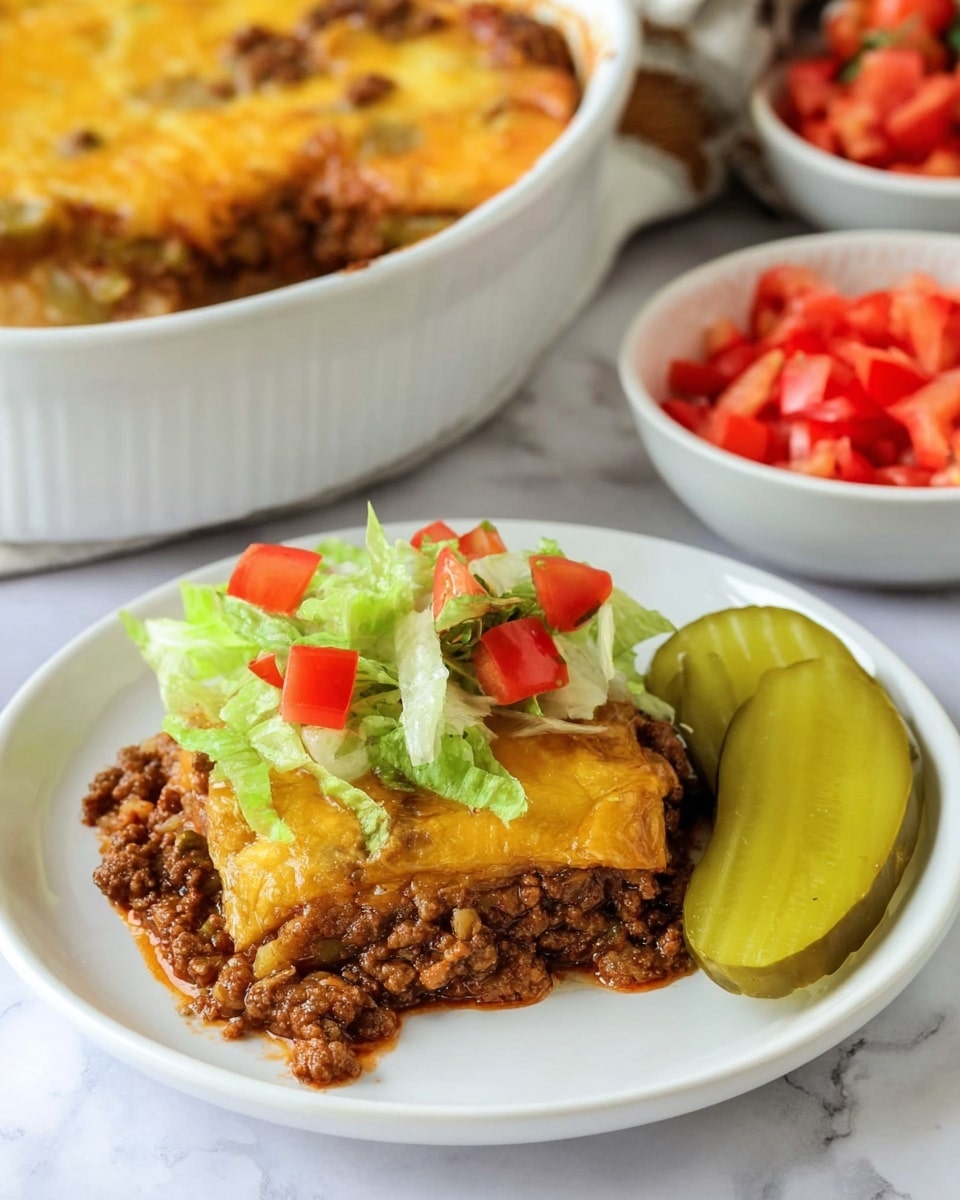 A white plate with a serving of layered ground beef cooked with sauce as the bottom layer, topped with a melted yellow cheese layer that looks creamy and smooth, then fresh green lettuce pieces and chopped red tomatoes sit on top. Beside the layered dish is a large yellow-green pickle slice. In the background, a white round baking dish filled with more of the baked mixture with the cheese melted evenly on top is visible. There is also a small white bowl filled with chopped red tomatoes. All dishes are placed on a white marbled surface. Photo taken with an iphone --ar 4:5 --v 7