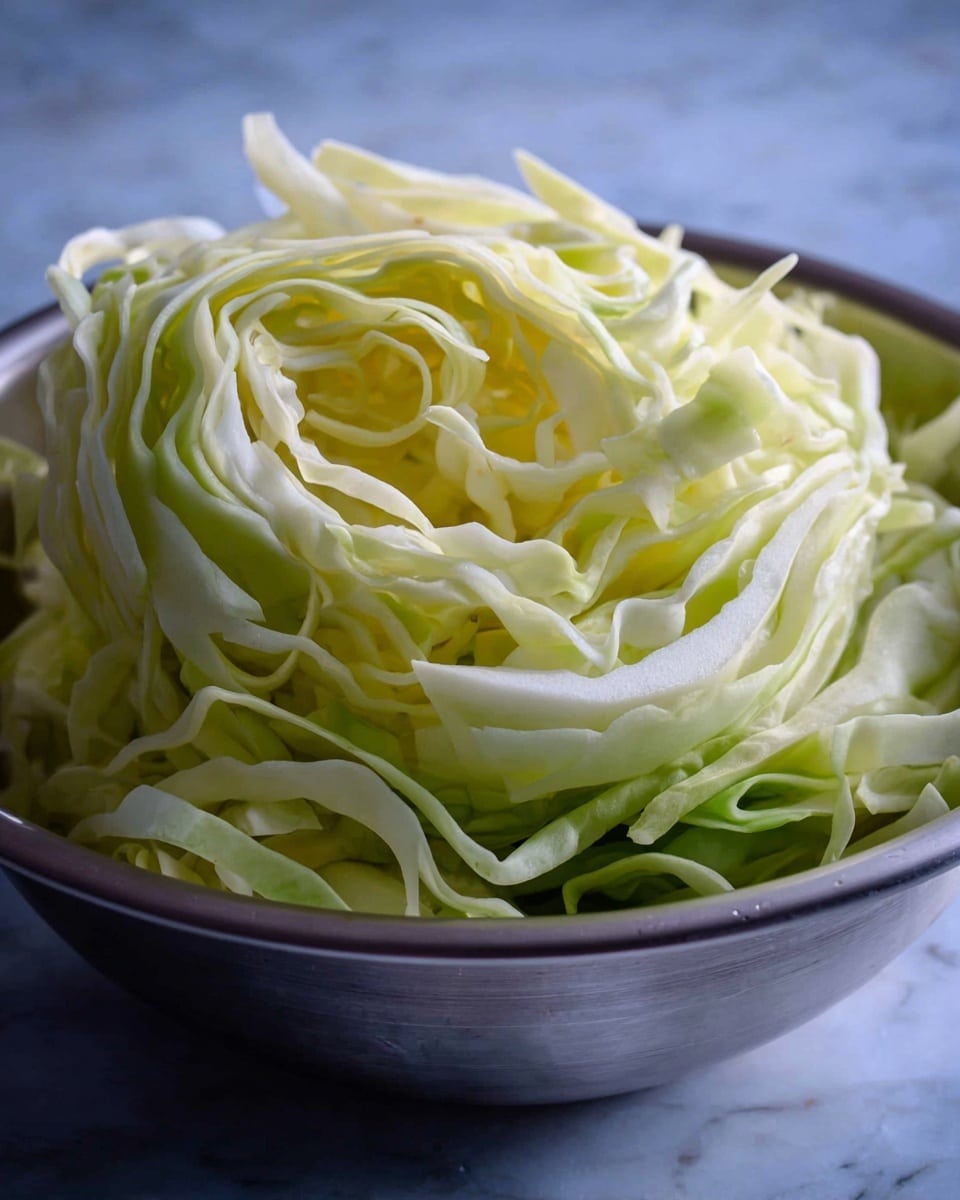 A metal bowl filled with thinly sliced pale green and white cabbage with wavy, long layers tightly piled in the center. The edges of the cabbage strands are curling and slightly to the sides, showing fresh and crisp texture. The bowl sits on a white marbled surface that softly reflects light, with a blurred background in blue-grey tones. Photo taken with an iphone --ar 4:5 --v 7