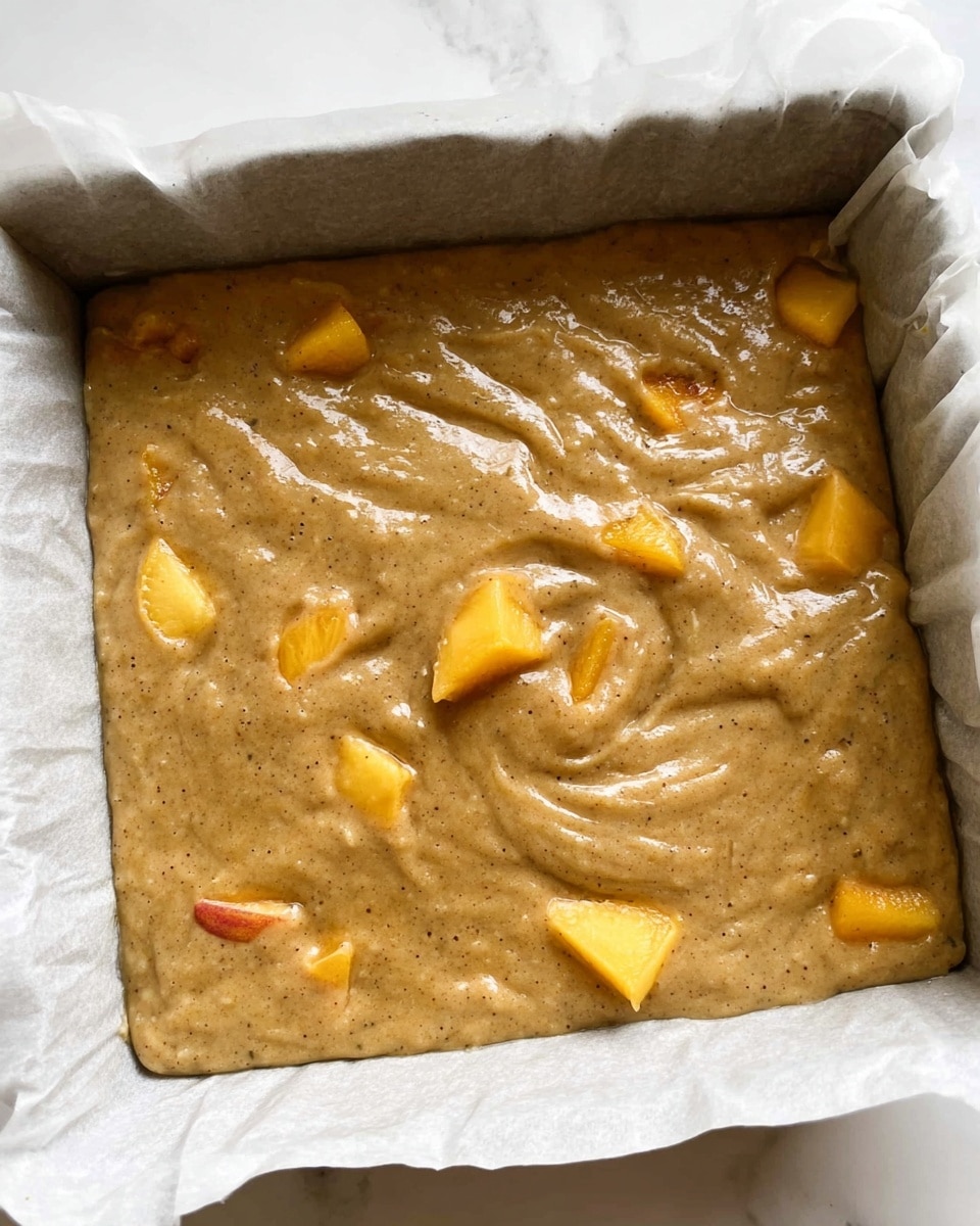 The image shows a baking pan lined with crumpled white parchment paper, filled with thick batter that is a light brown color with small visible dark specks, suggesting spices or vanilla seeds mixed in. There are several chunks of orange-yellow fruit, likely peaches, scattered unevenly in the batter. The batter surface is slightly uneven with visible swirls and folds, giving a textured look. The pan is placed on a white marbled surface. Photo taken with an iphone --ar 4:5 --v 7