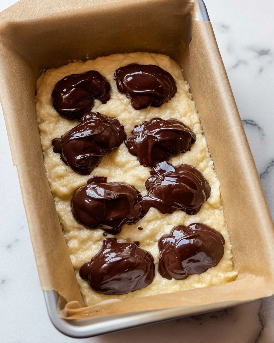 A close-up view of a rectangular baking pan lined with beige parchment paper, filled with a light beige batter that has a slightly uneven, thick texture. On top of the batter, there are eight dollops of shiny dark brown melted chocolate unevenly placed in two columns, with a smooth, glossy surface and a soft, melting appearance. The pan sits on a white marbled surface. photo taken with an iphone --ar 4:5 --v 7