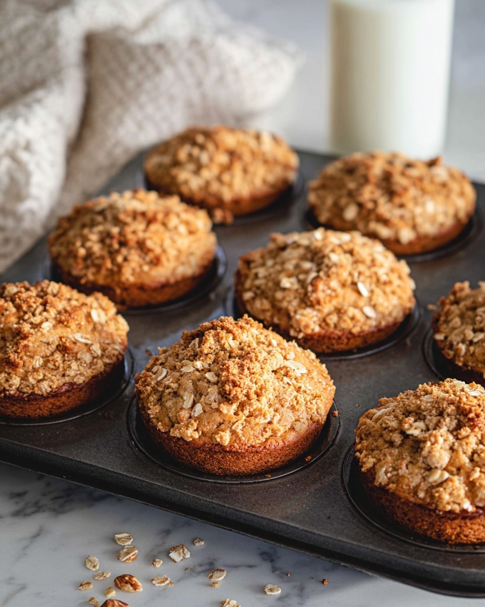 Three brown muffins are stacked on a white plate, each topped with a crumbly, oat-textured layer that adds a rough and crunchy look. The muffins have vertical ridges on their sides from the paper liners, and the top muffin sits neatly on the middle one, with the bottom muffin supporting the stack. Crumbs are scattered lightly around the plate. In the background, a glass bottle of milk with a cork top and a basket with a white cloth are slightly out of focus. The whole scene rests on a white marbled surface. photo taken with an iphone --ar 4:5 --v 7