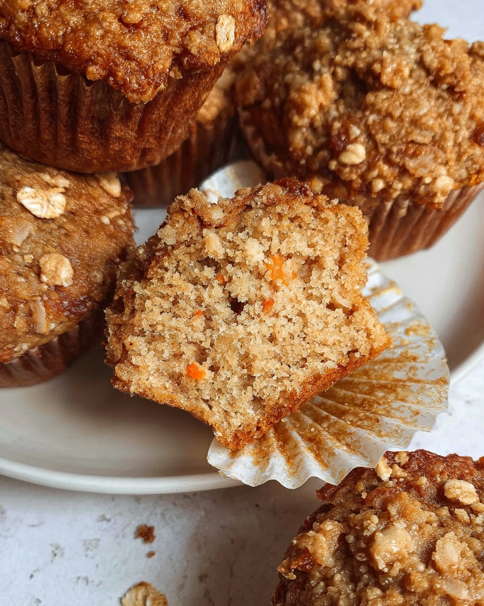 A close-up image of several muffins on a white plate, placed on a white marbled surface; the muffins have a rough, golden-brown top sprinkled with oat flakes, showing a textured crumb inside as one muffin is open with the paper liner peeled back exposing the soft, slightly moist interior with small orange bits. Photo taken with an iphone --ar 4:5 --v 7