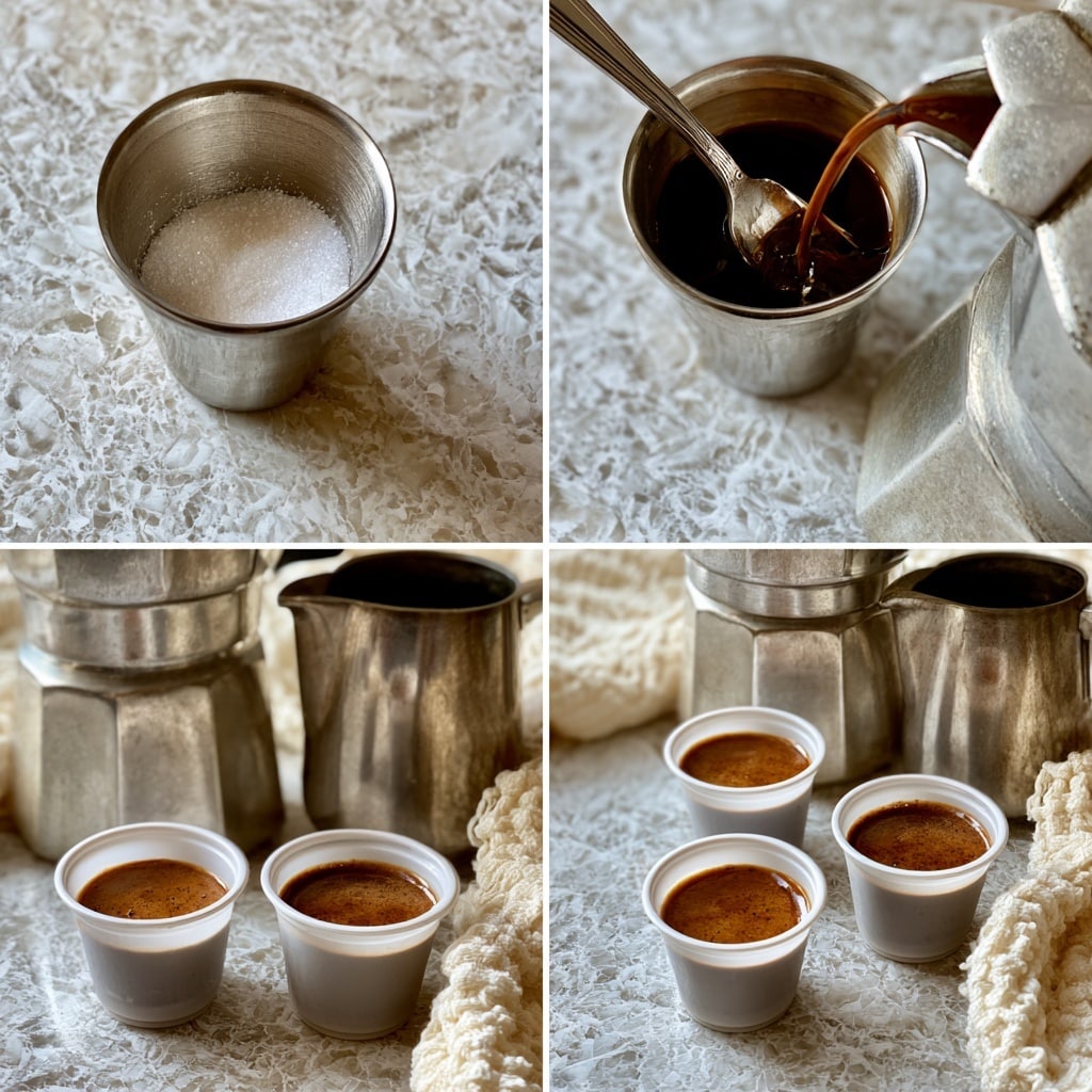 A series of four images shows the process of making coffee. The first image displays white sugar granules at the bottom of a small silver cup placed on a white marbled textured surface. The second image shows dark coffee syrup being stirred with a silver fork inside the same cup. The third image captures coffee being poured from a silver stovetop coffee maker into the cup with the syrup, mixing together as it fills. The final image presents three small white plastic cups filled with dark espresso coffee on a white marbled textured surface, beside the silver coffee maker and a metal pitcher, with a textured cream cloth nearby. photo taken with an iphone --ar 4:5 --v 7