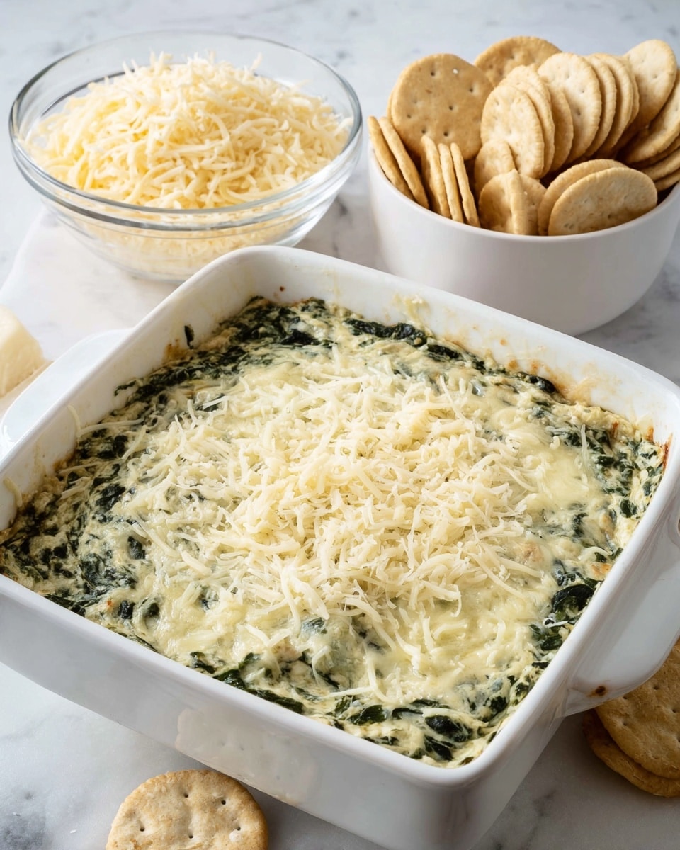 A round white ceramic dish filled with a creamy spinach dip topped with melted shredded cheese, mostly pale yellow with flecks of green spinach visible throughout the dip. On top, there is a layer of evenly spread shredded cheese that looks soft and slightly melted. A tortilla chip held by a woman's hand scoops up a thick portion of the dip, showing the green spinach leaves mixed into the creamy white base, with cheese strands stretching from the dish to the chip. In the blurred background, there is a white bowl full of tortilla chips and a glass bowl with more shredded cheese on a white marbled surface. Photo taken with an iphone --ar 4:5 --v 7