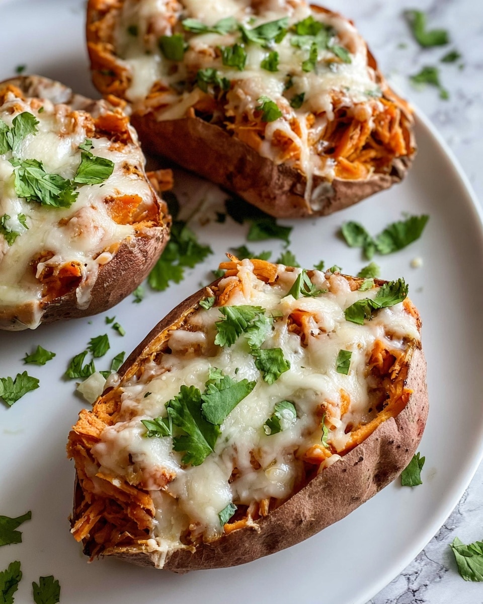 The image shows three stuffed sweet potato halves on a white plate with a white marbled surface beneath. Each potato has a rough, brown skin as the base layer, filled with orange shredded sweet potato inside. On top is a generous layer of melted white cheese with a slightly browned, soft texture. Fresh green cilantro leaves are scattered over the cheese and plate, adding a touch of color. The potatoes are placed close together with natural light highlighting the textures and colors. photo taken with an iphone --ar 4:5 --v 7