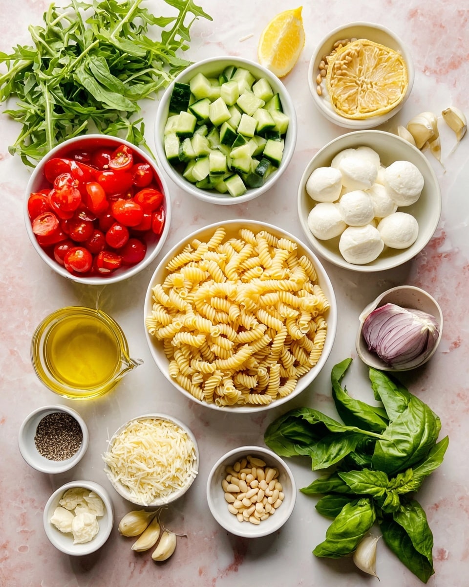 The image displays an overhead view of various fresh ingredients arranged neatly on a white marbled surface. At the center is a white bowl filled with short corkscrew pasta in a pale yellow color. Surrounding this bowl are smaller white bowls containing bright red halved cherry tomatoes, green diced cucumber, dark green arugula, creamy white mozzarella balls, and pale yellow marinated artichoke hearts. There are fresh green basil leaves directly on the surface near a halved lemon with a vibrant yellow color. Additional small bowls contain grated white cheese, golden pine nuts, a clear glass measuring cup filled with yellow olive oil, red vinegar, segmented garlic clove, and a seasoning mix of salt and pepper. The ingredients are well spaced and clearly show a variety of colors and textures, all set on the white marbled background. photo taken with an iphone --ar 4:5 --v 7