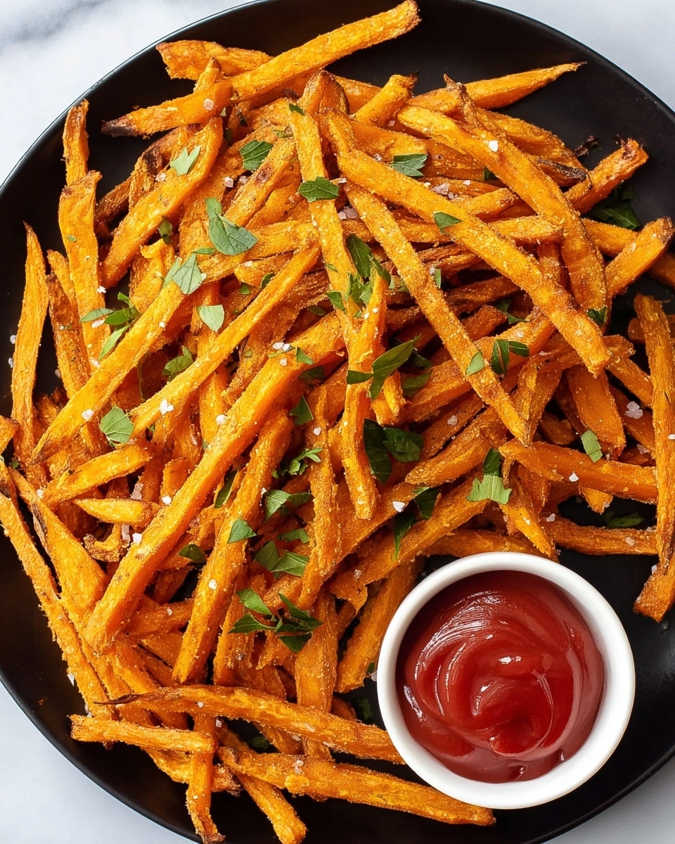 A black round plate filled with a single layer of golden-orange sweet potato fries, some with darker edges showing light charring, sprinkled with small pieces of fresh green parsley scattered evenly on top. Positioned near the upper edge of the plate is a small white round bowl filled with smooth, glossy red ketchup. The plate sits on a white marbled surface with a few parsley leaves casually placed around it. The lighting is bright and natural, highlighting the crispy texture of the fries and the shiny surface of the ketchup, photo taken with an iphone --ar 4:5 --v 7