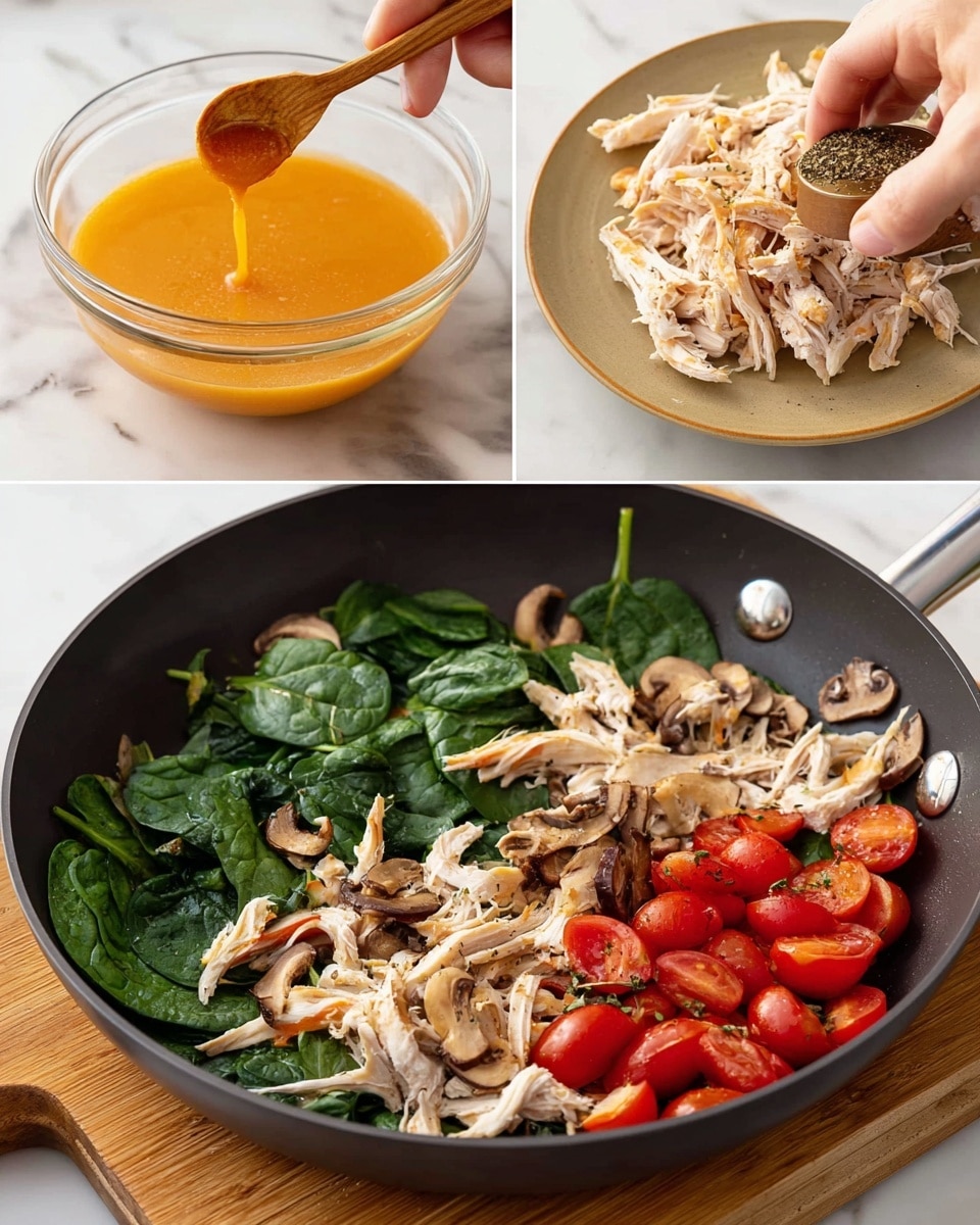 A clear glass bowl holds a smooth orange sauce being stirred with a wooden spoon on a light wooden board with a white marbled texture in the background; beside it, shredded cooked chicken with some golden brown skin sits on a light brown plate; in a black skillet, fresh bright green spinach leaves, sliced brown mushrooms, and halved red cherry tomatoes are cooking, with a woman's hand grinding pepper over the vegetables; in the same skillet, some shredded chicken has been added to the mixture of spinach, mushrooms, and tomatoes, all cooking together on a white marbled surface. photo taken with an iphone --ar 4:5 --v 7