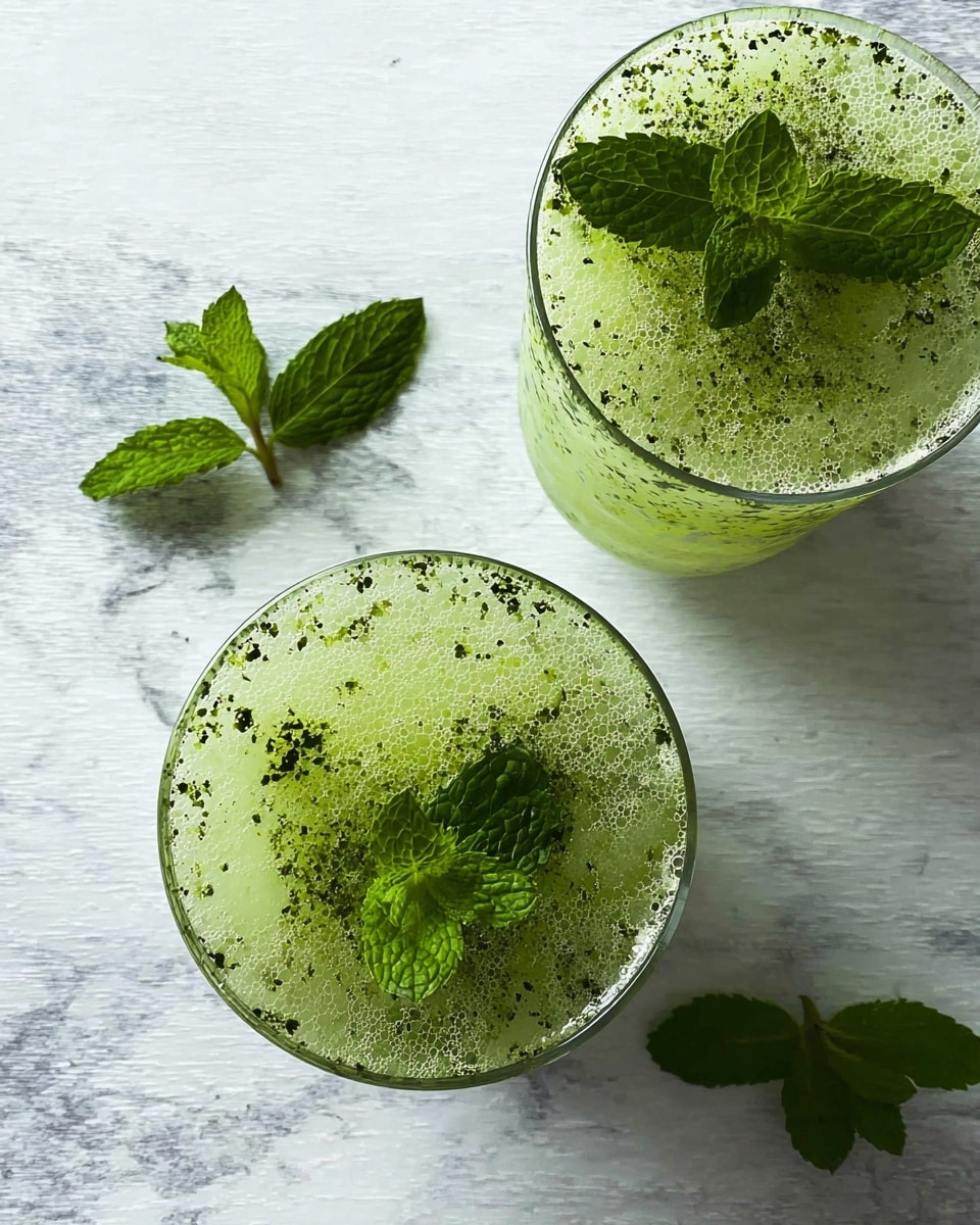 Two tall clear glasses filled with a light green frothy drink, with tiny green specks visible throughout the liquid. Each glass is topped with a fresh green mint leaf as a garnish. The drinks have a smooth yet slightly textured surface, showing some bubbles and foam at the top. They are placed on a white marbled surface with scattered fresh mint leaves around. The background is made of pale white tiles, giving a clean and fresh look. Photo taken with an iphone --ar 4:5 --v 7