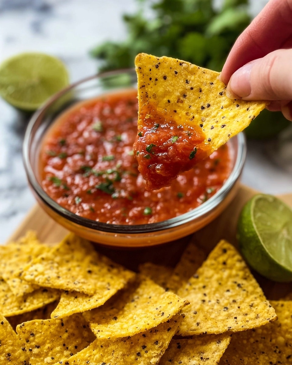 A clear glass bowl filled with a smooth red salsa that has small visible bits of green herbs mixed in, the salsa has a slightly thick texture and is topped with a small bunch of fresh green cilantro leaves in the center. Around the bowl, there are many triangular yellow tortilla chips scattered on a white marbled surface. To the left, a bunch of fresh cilantro leaves lies partially in the frame, and on the right, there are lime wedges, one whole and one halved, showing the juicy green inside. The scene looks bright and fresh, photo taken with an iphone --ar 4:5 --v 7