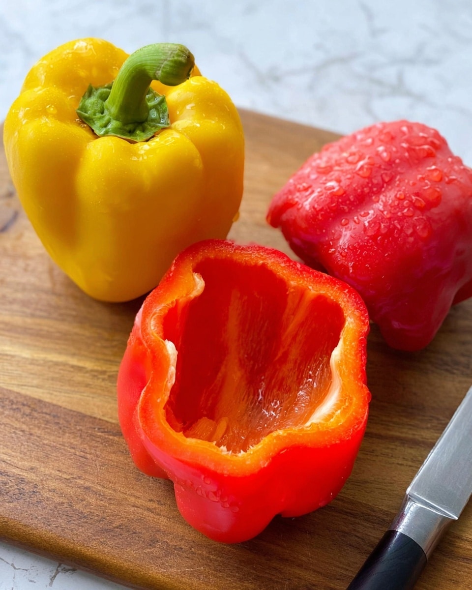 Three stuffed bell peppers, two red and one yellow, sit upright on a white plate. Each pepper is filled with a reddish mixture and topped with melted white cheese that has browned spots and fresh green parsley leaves scattered on top. The plate is on a white marbled surface, with some green parsley sprigs placed beside it. In the background, a blurred white bowl and fabric can be seen. The photo taken with an iphone --ar 4:5 --v 7