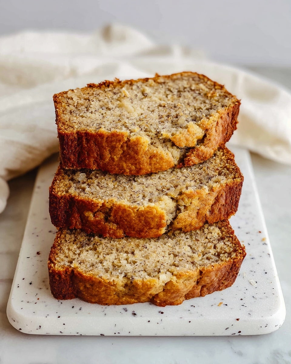 The image shows four thick slices of banana bread placed side by side on a white cutting board with a handle hole. The banana bread slices have a light brown crust with a textured, moist inside that is speckled with small bits, giving a homemade look. The cutting board rests on a white marbled surface, and there is a white cloth partially visible in the upper part of the image. Photo taken with an iphone --ar 4:5 --v 7