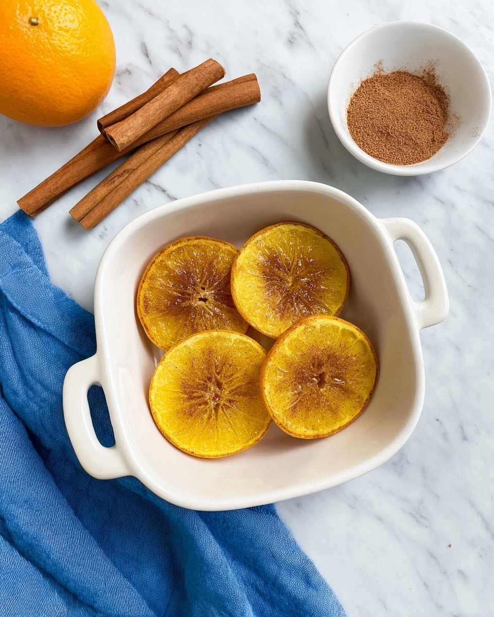 The image shows four round slices of orange placed in a white square dish with two handles. Each orange slice is golden yellow with a slightly caramelized texture and a light sprinkle of brown spice on top. The dish sits on a white marbled surface, next to a blue cloth on the left side. Above the dish are three sticks of cinnamon placed together, and to the right, there is a small white bowl containing a pile of ground cinnamon. There is also a whole orange partly visible in the top left corner. Photo taken with an iphone --ar 4:5 --v 7