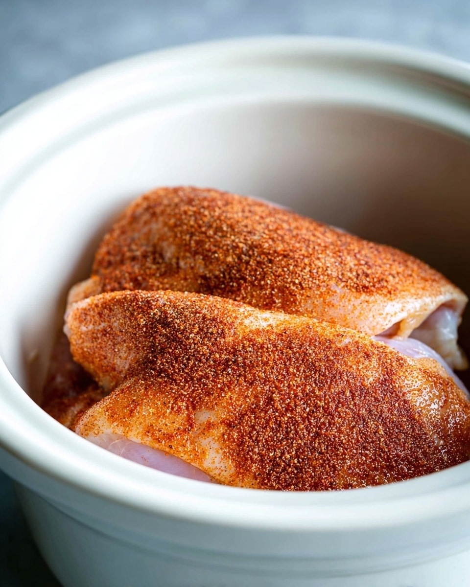 Inside a white ceramic crock pot, there are two raw chicken pieces stacked with one slightly on top of the other. Both pieces are covered evenly with a layer of reddish-brown spice rub, giving a textured, slightly grainy look that contrasts with the smooth pale pink skin visible near the edges. The white marbled surface beneath the crock pot brightens the overall image. photo taken with an iphone --ar 4:5 --v 7