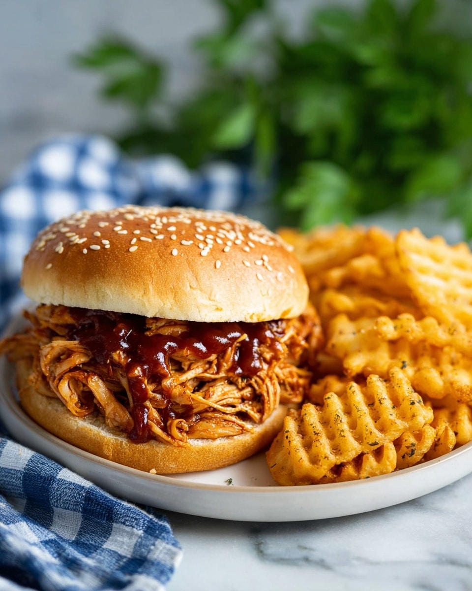 A sandwich on a sesame seed bun with a thick, juicy layer of shredded barbecue chicken soaked in dark reddish-brown sauce, sitting on the bottom bun; the top bun is soft and golden with sesame seeds. Next to the sandwich on a white plate is a neat pile of crispy waffle fries, golden-brown with seasoning specks. The plate is set on a white marbled surface with green leafy garnish and a blue and white checkered cloth blurred in the background. Photo taken with an iphone --ar 4:5 --v 7