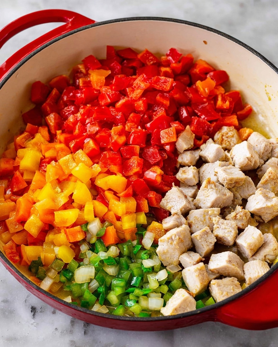 The image shows a white round pan with a red handle filled with three main layers of ingredients. In the top right part, there are small cubes of cooked white meat with a light brown sear. The top left portion has chopped bright red tomatoes that look juicy. The bottom section contains finely diced bell peppers in three colors: yellow, orange, and green, mixing with small pieces of onion. The pan sits on a white marbled surface. photo taken with an iphone --ar 4:5 --v 7