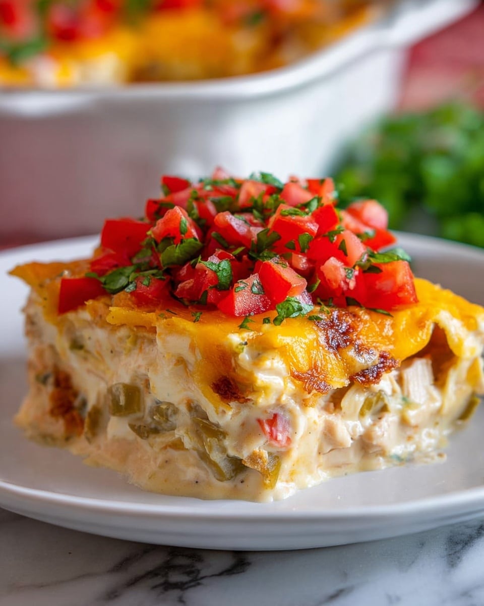 A close-up view of a layered casserole piece on a white plate with a white marbled surface. The casserole has three visible layers: the bottom layer is creamy with chunks of white meat and some green and red vegetables, the middle layer is melted yellow cheese with a smooth texture, and the top layer is diced bright red tomatoes mixed with green herbs sprinkled over the cheese. A white casserole dish with more casserole in the background is partly visible. Photo taken with an iphone --ar 4:5 --v 7