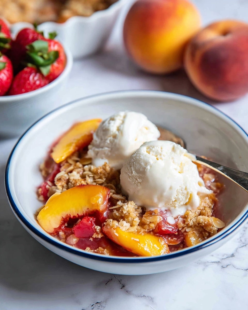 The image shows a white oval baking dish filled with a peach and strawberry crumble. The bottom layer is a bright red strawberry and peach jam-like fruit mix, visible dripping a little on the dish's edges. On top is a thick, golden-brown crumb topping with a chunky texture mixed with scattered almond flakes, creating a crunchy, uneven surface. The dish rests on a piece of rough burlap fabric, surrounded by whole fresh strawberries and peaches on a white marbled surface. Photo taken with an iphone --ar 4:5 --v 7