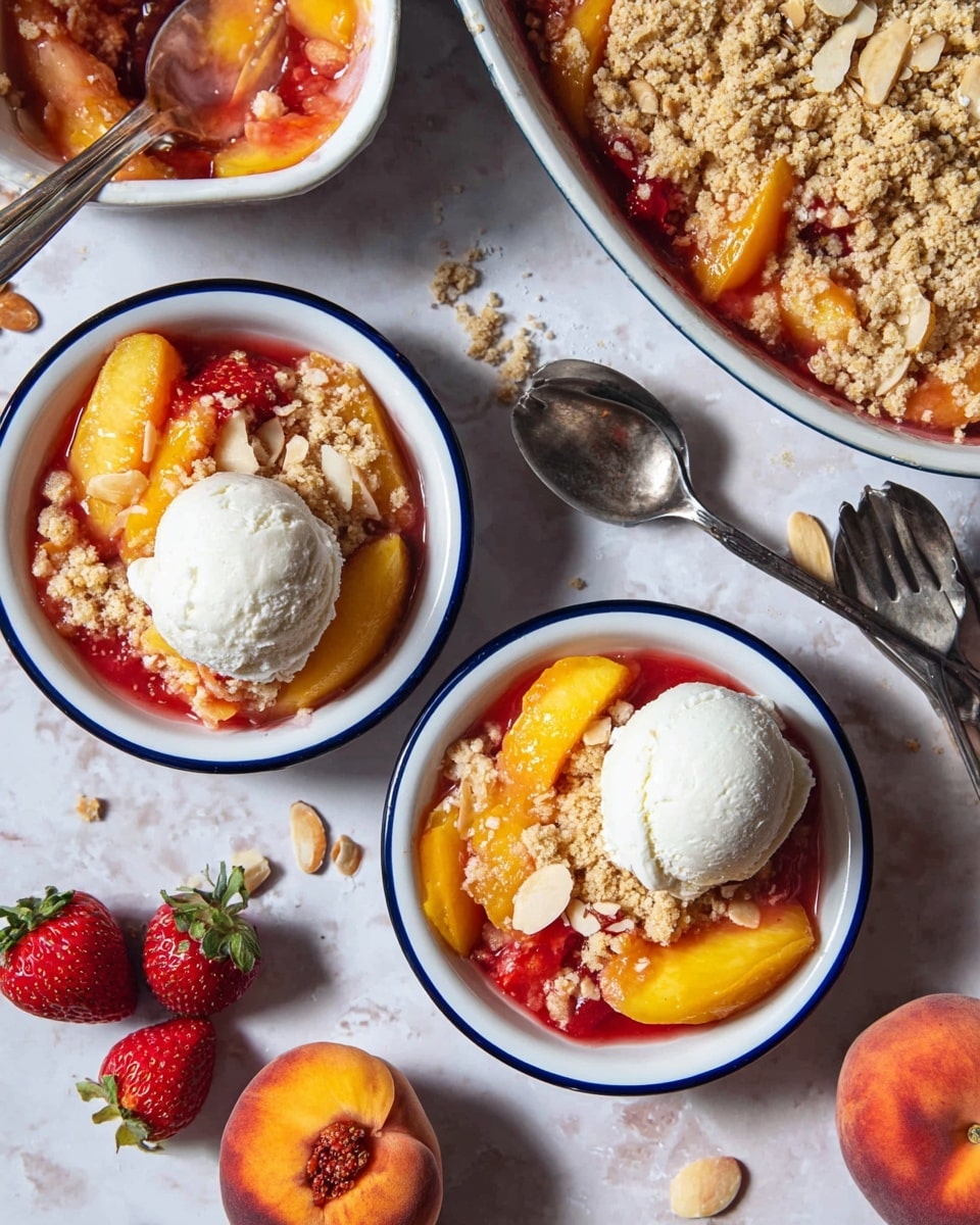 Two white bowls with blue rims show a dessert with three clear layers: a bottom fruit layer of yellow peach slices and red strawberries, a middle layer of pinkish syrup, and a top layer of crumbly, light brown streusel with almond slices. Each bowl has two scoops of creamy white ice cream on top, slightly melting onto the fruit and crumbs. The bowls sit on a white marbled surface with whole peaches, strawberries, scattered almond slices, and three silver forks around them. A white casserole dish with the same dessert, full and showing thick syrup and crumbs, is at the top left corner. A woman's hand holding a spoon is near the dish. The photo taken with an iphone --ar 4:5 --v 7